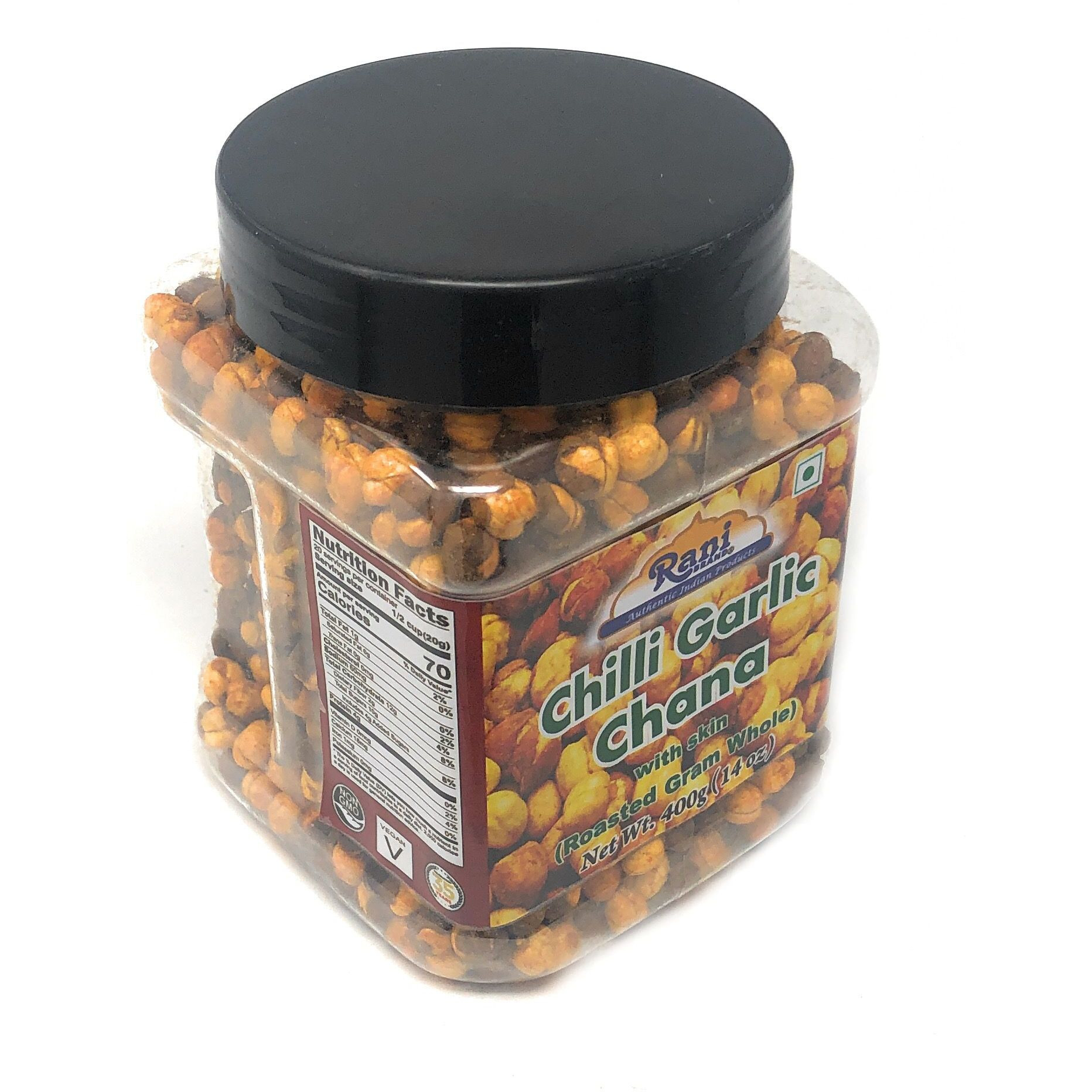 Rani Roasted Chana (Chickpeas) Chilli Garlic Flavor 14oz (400g) ~ All Natural | Vegan | No Preservatives | No Colors | Great Snack, Ready to Eat, Seasoned with 6 Spices, Indian Origin