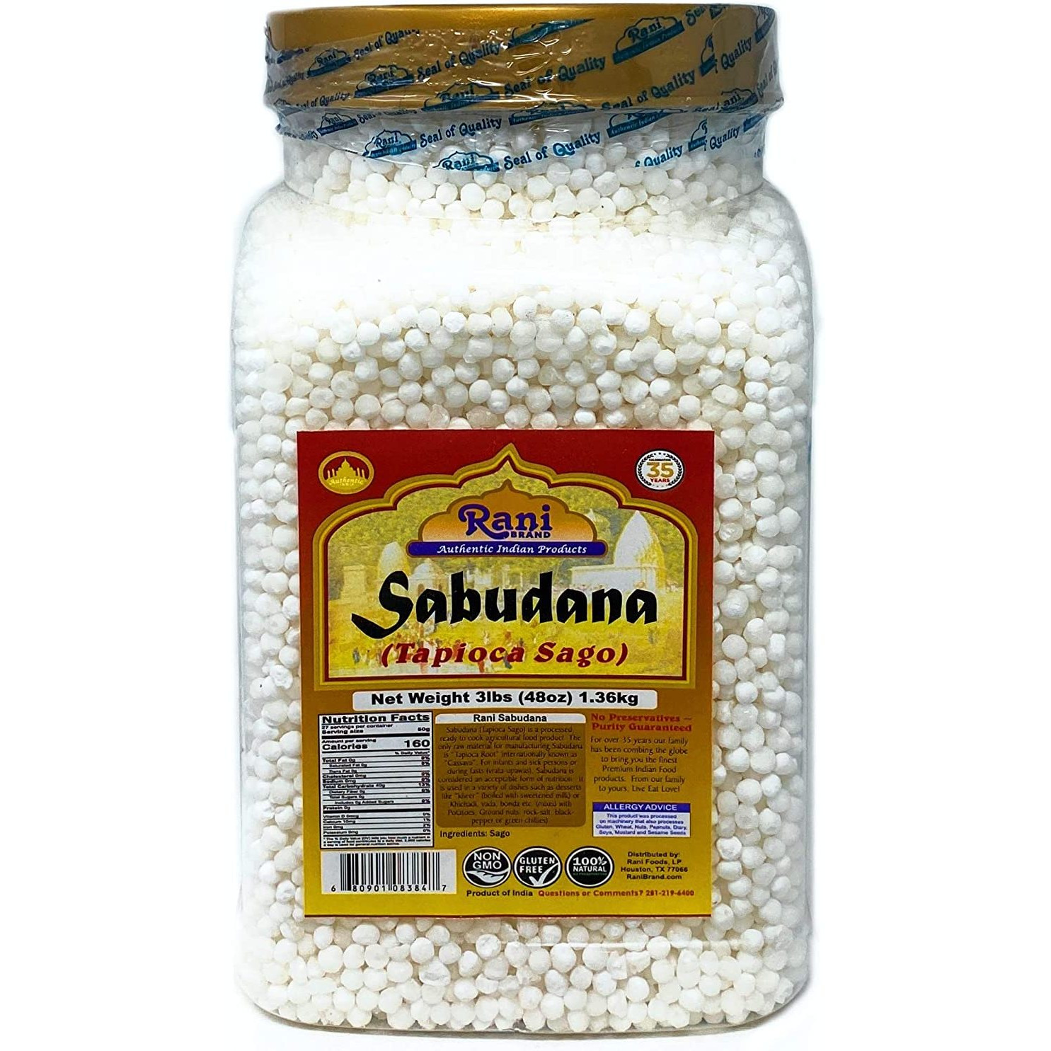 Rani Sabudana (Tapioca / Sago) Pearls 3lbs (48oz) Pet Jar Bulk ~ All Natural | Vegan | No Colors | NON-GMO | Indian Origin