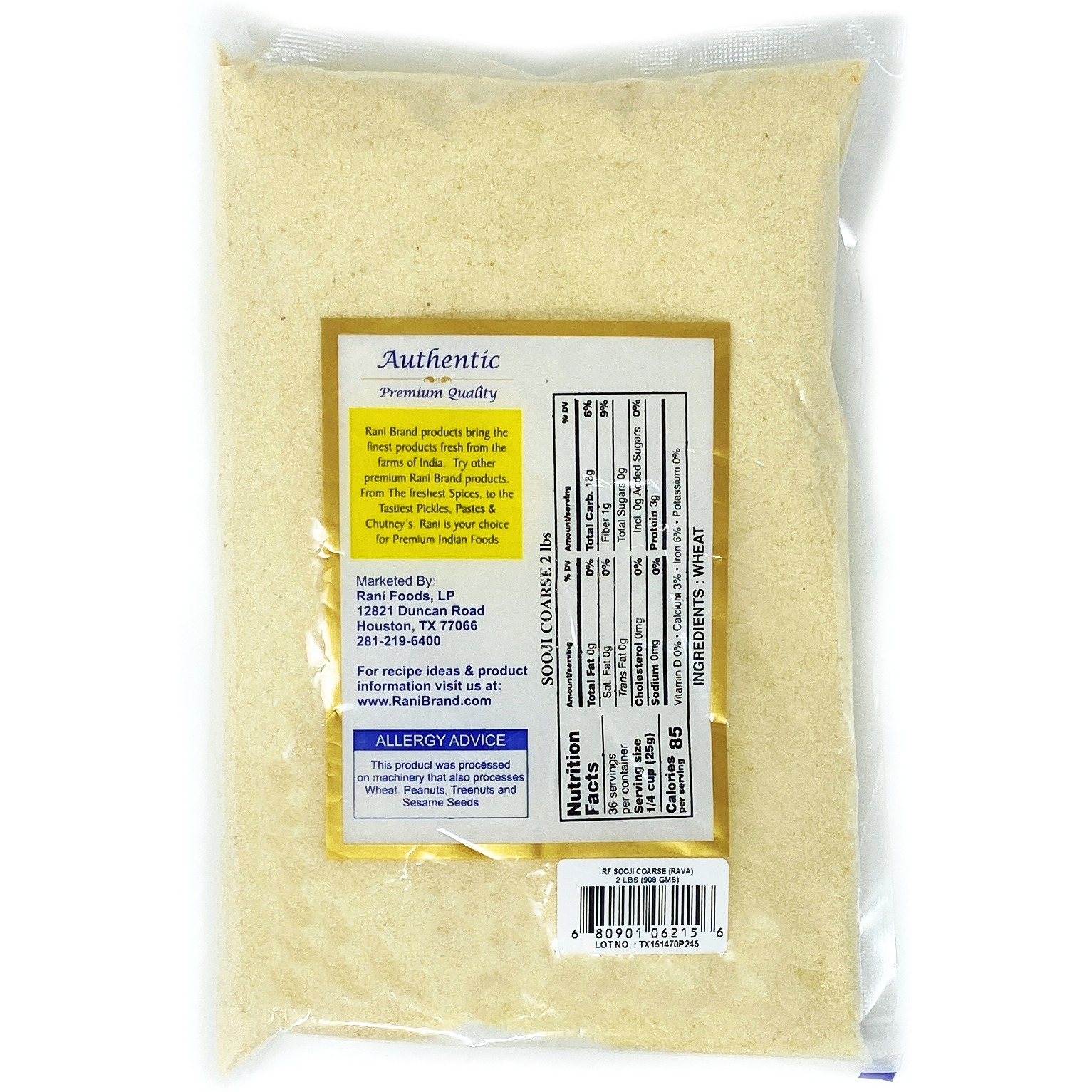 Rani Sooji Coarse (Farina, Suji, Rava, Rawa, Semolina) Flour 2lbs (32oz) ~ All Natural | Vegan | NON-GMO | Indian Origin