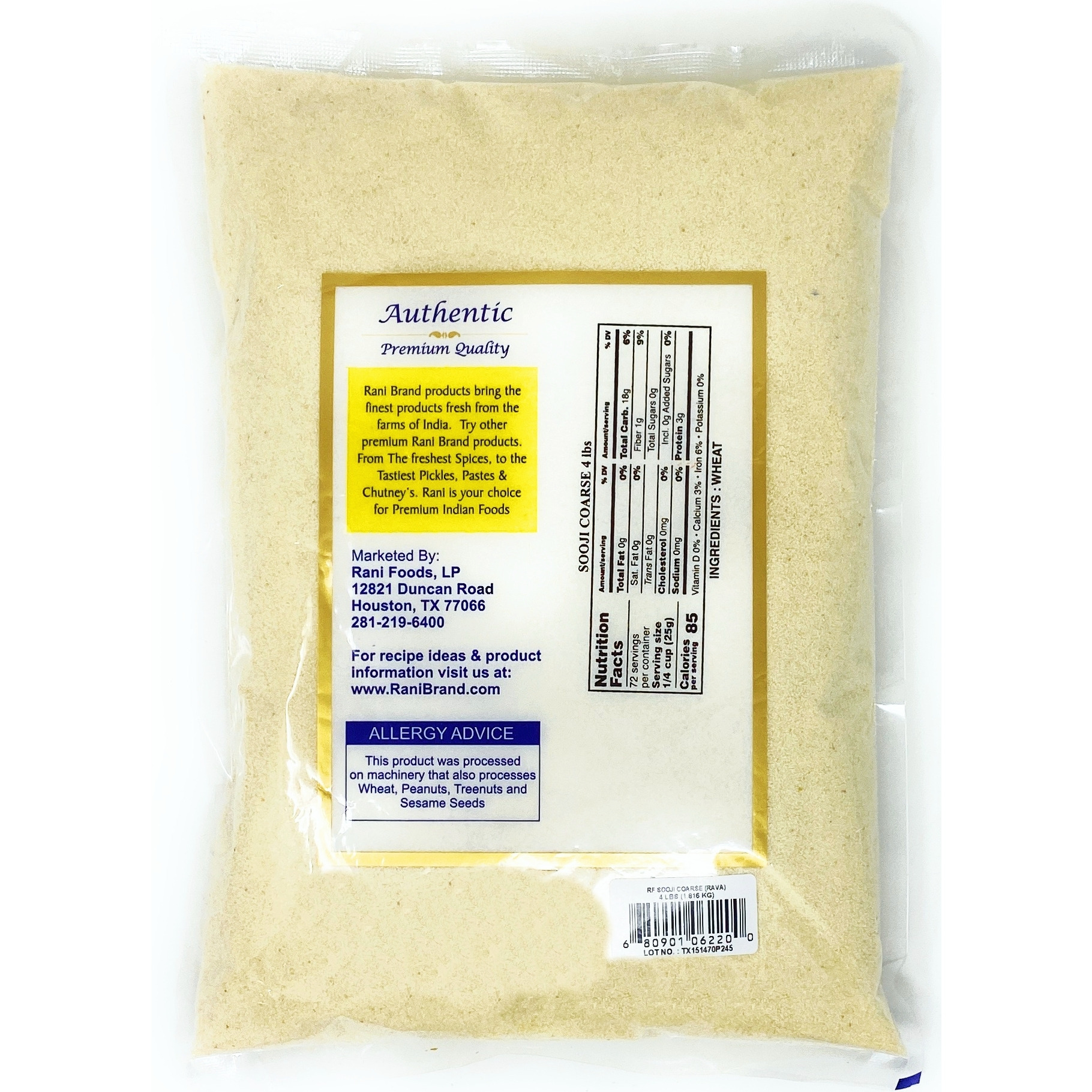 Rani Sooji Coarse (Farina, Suji, Rava, Rawa, Semolina) Flour 4lbs (64oz) ~ All Natural | Vegan | NON-GMO | Indian Origin