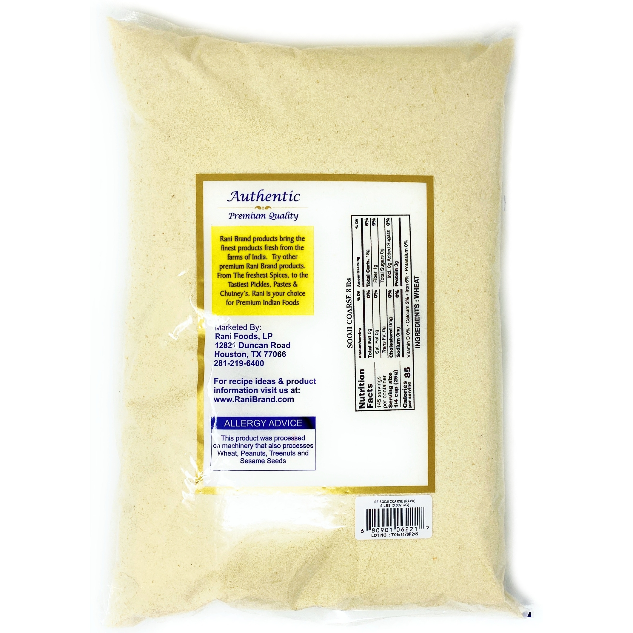 Rani Sooji Coarse (Farina, Suji, Rava, Rawa, Semolina) Flour 8lbs (128oz) ~ All Natural | Vegan | NON-GMO | Indian Origin