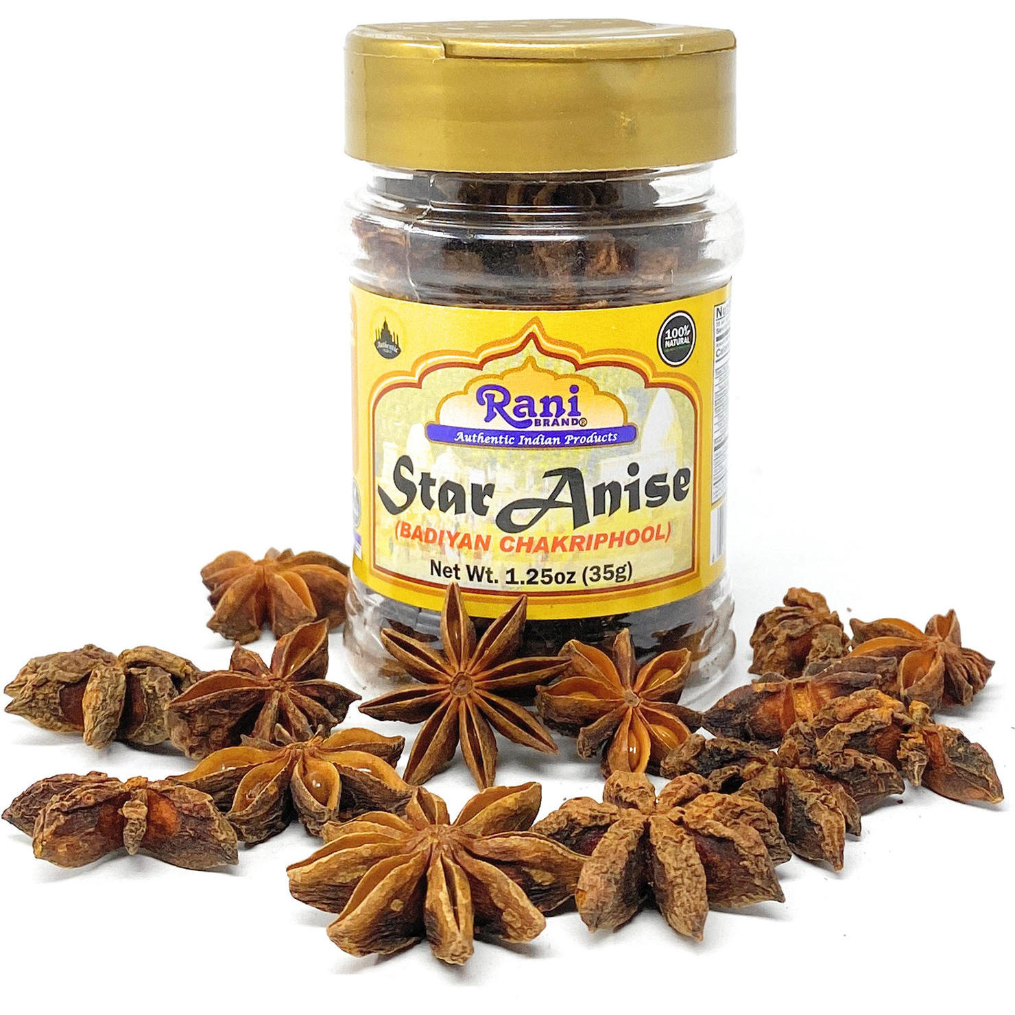 Rani Star Anise Seeds, Whole Pods (Badian Khatai) Spice 1.25oz (35g) PET Jar ~ All Natural ~ Gluten Friendly  | NON-GMO | Vegan | Indian Origin