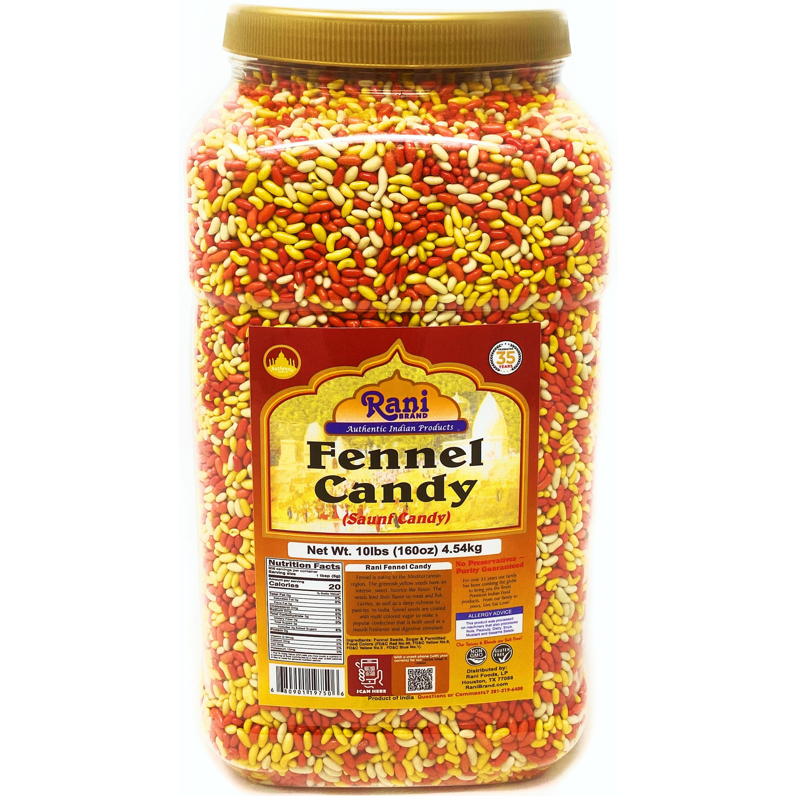 Rani Sugar Coated Fennel Candy 10lbs (4.54kg), Bulk PET Jar ~ Indian After Meal Digestive Treat | Vegan