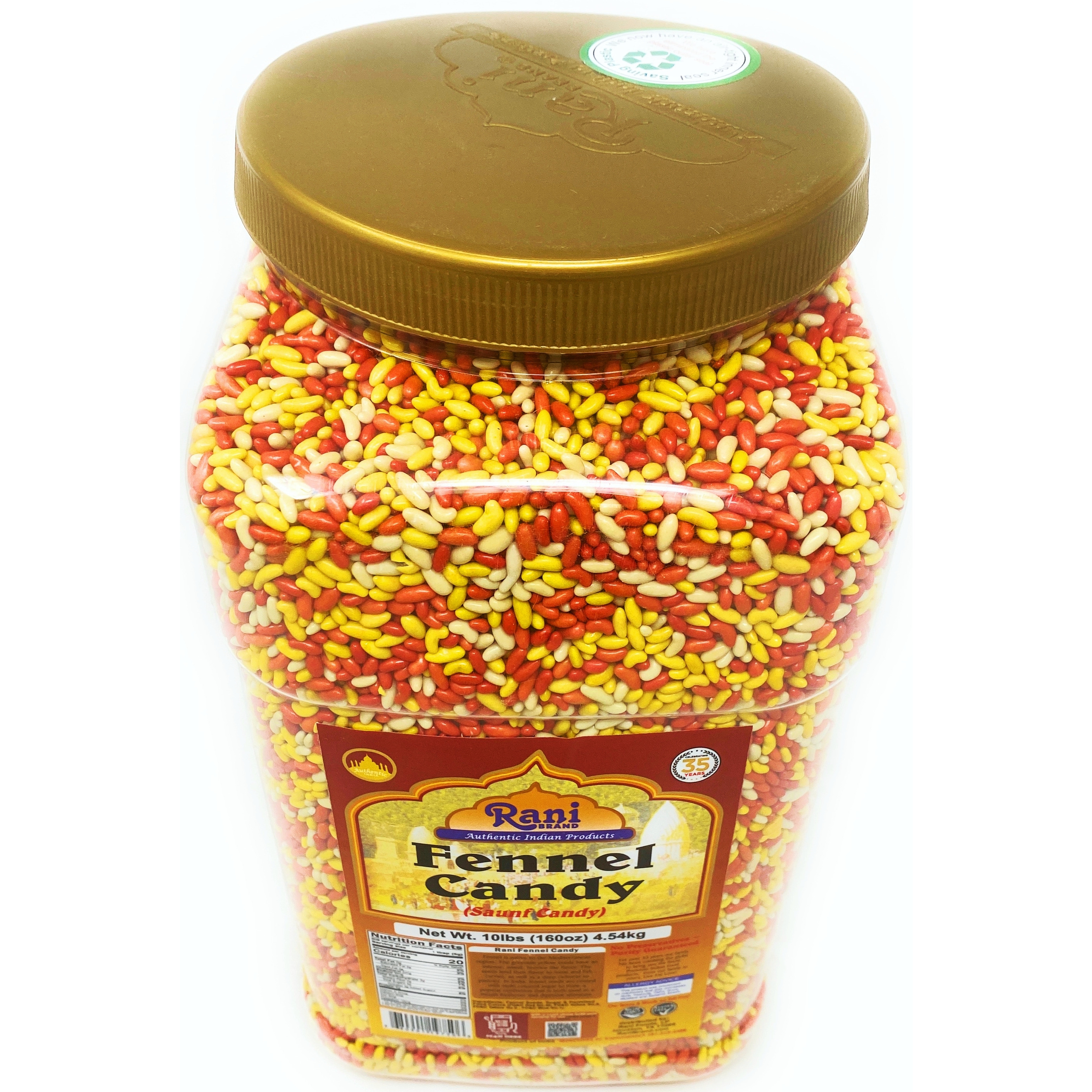Rani Sugar Coated Fennel Candy 10lbs (4.54kg), Bulk PET Jar ~ Indian After Meal Digestive Treat | Vegan