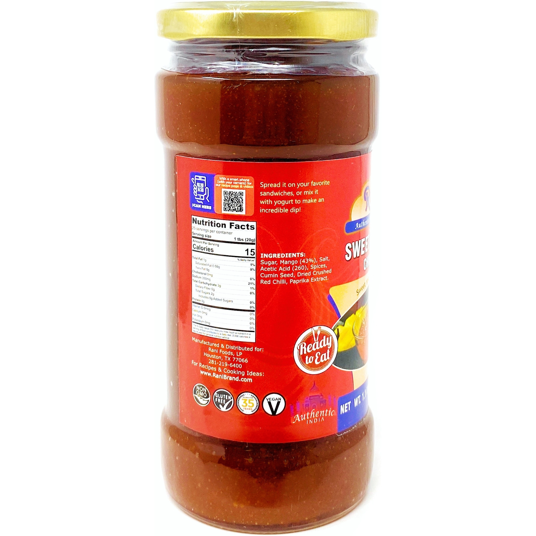 Rani Sweet Mango Chutney (Indian Preserve) 17.5oz (500g) 1.1lbs Glass Jar, Ready to eat, Vegan ~ Gluten Free Ingredients, All Natural, NON-GMO