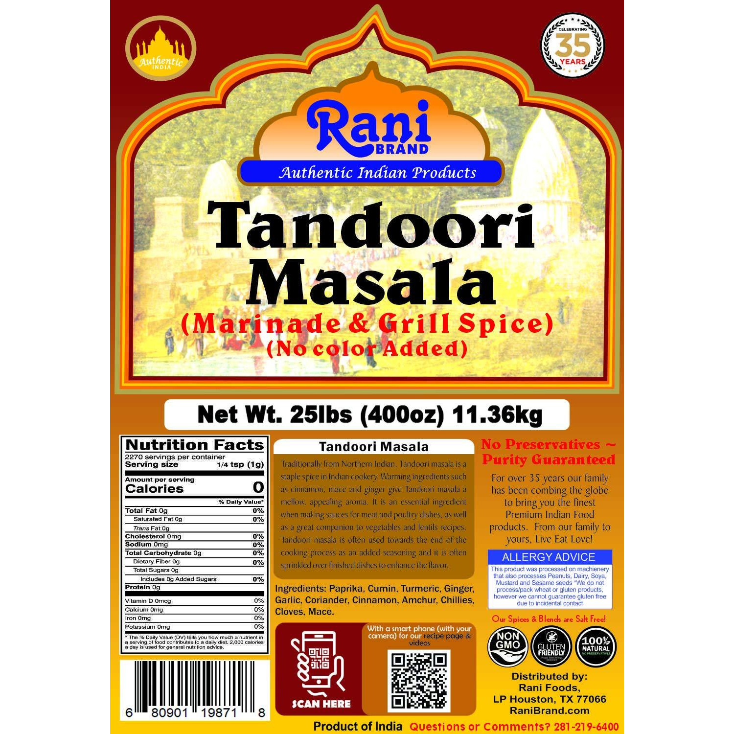 Rani Tandoori Masala (Natural, No Colors Added) Indian 11-Spice Blend, 25 Pound (400 Ounce) 11.36kg ~ Bulk Box ~ Salt Free | Vegan | Gluten Friendly | NON-GMO