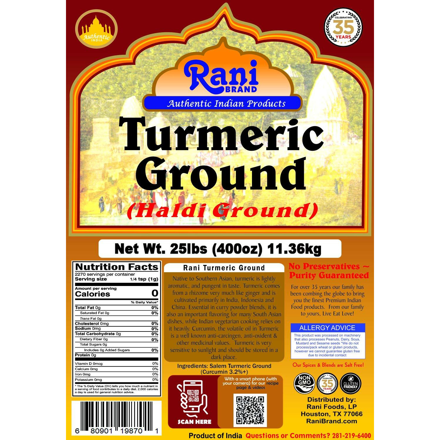 Rani Turmeric (Haldi) Root Powder Spice, (High Curcumin Content), 25-Pound (400 Ounce) (25lbs) 11.36kg ~ Bulk Box ~ All Natural | 100% Pure | Vegan | Gluten Friendly | NON-GMO | Indian Origin