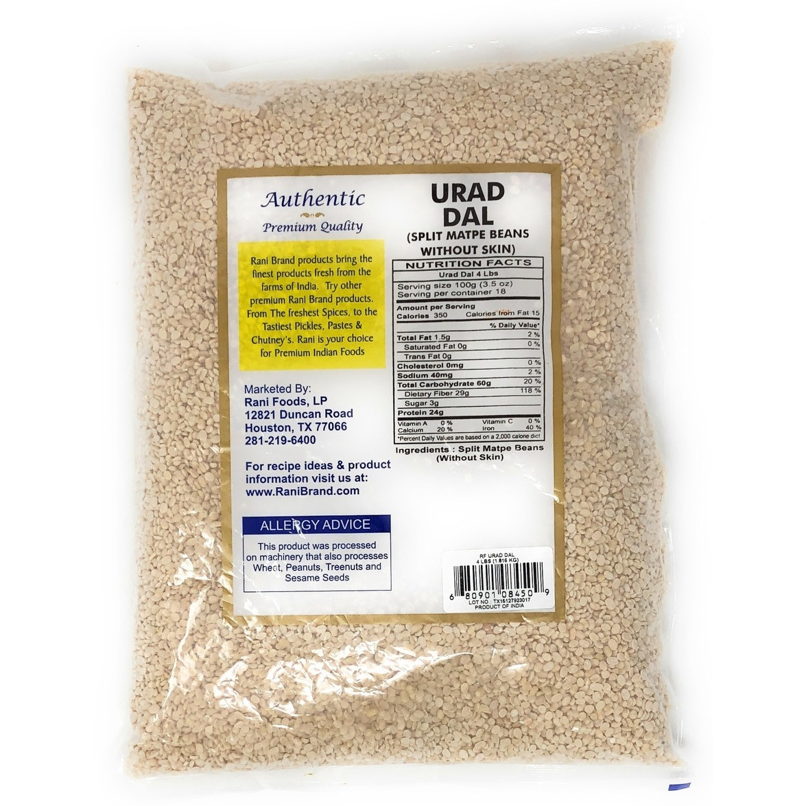 Rani Urid / Urad Dal (Split Matpe Beans without Skin) Indian Lentils 4lb (64oz) ~ All Natural | Indian Origin | Gluten Friendly | NON-GMO | Vegan