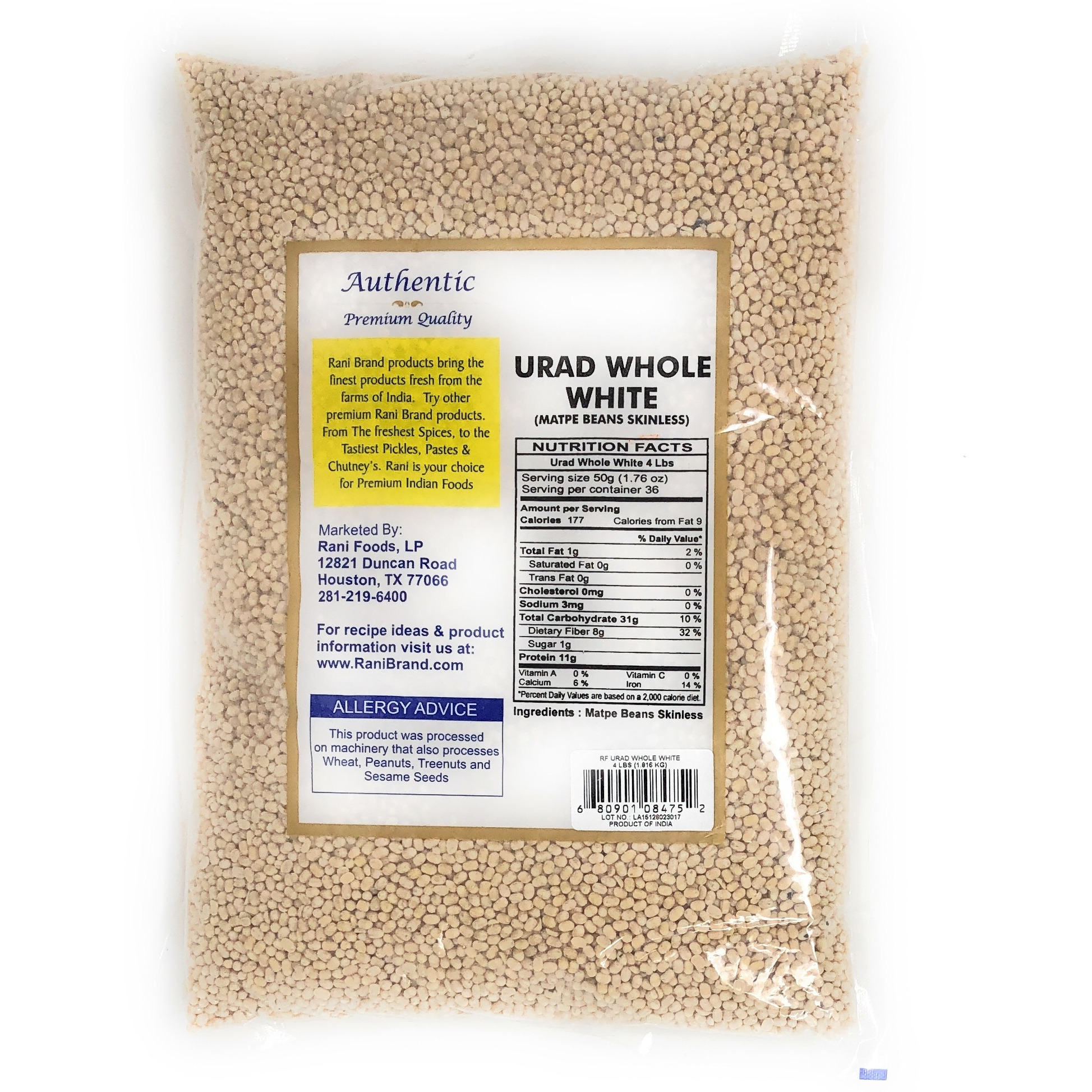 Rani Urid / Urad Gota (Matpe Beans Skinless) Indian Lentils 4lbs (64oz) ~ All Natural | Indian Origin | Gluten Friendly | NON-GMO | Vegan