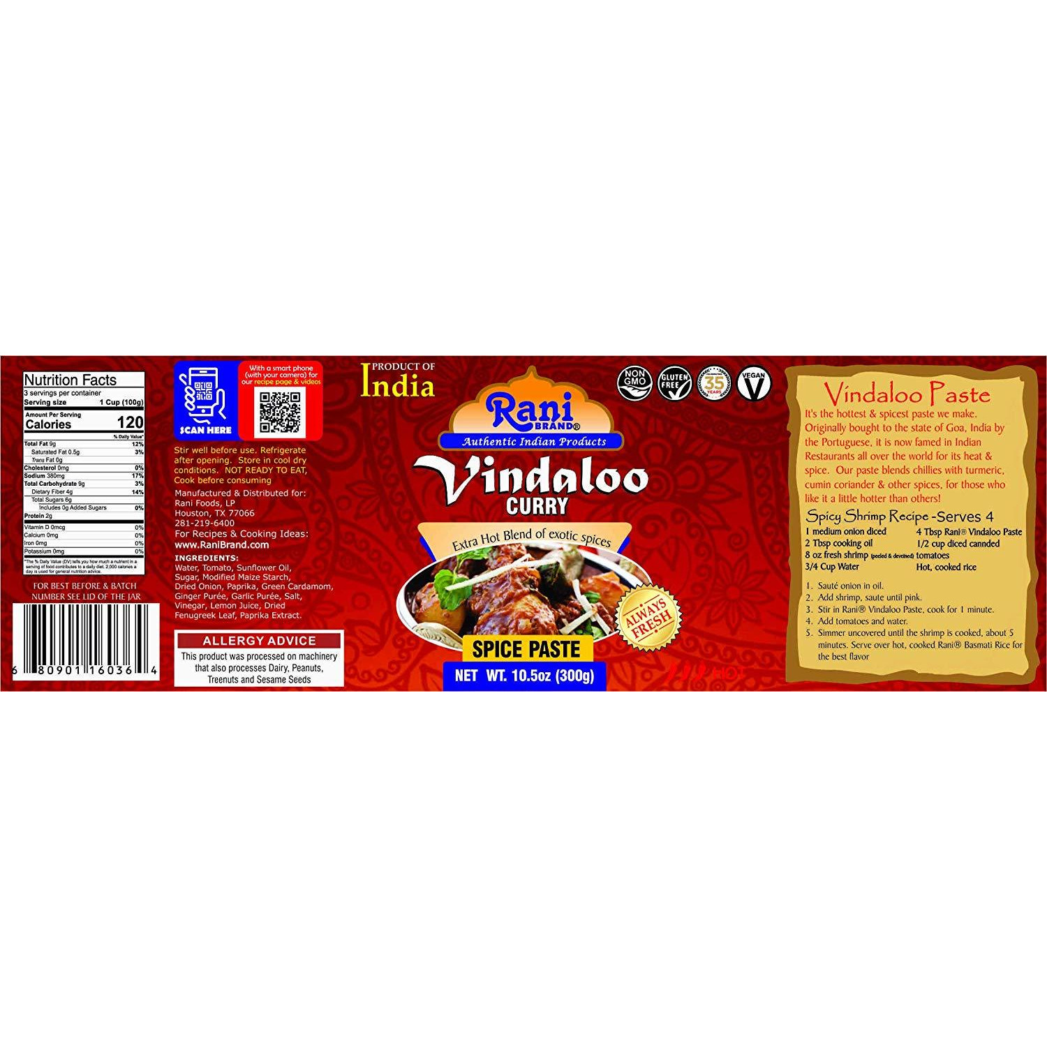 Rani Vindaloo Curry Cooking Spice Paste, Hot 10oz (300g) Glass Jar ~ No Colors | All Natural | NON-GMO | Vegan | Gluten Free | Indian Origin