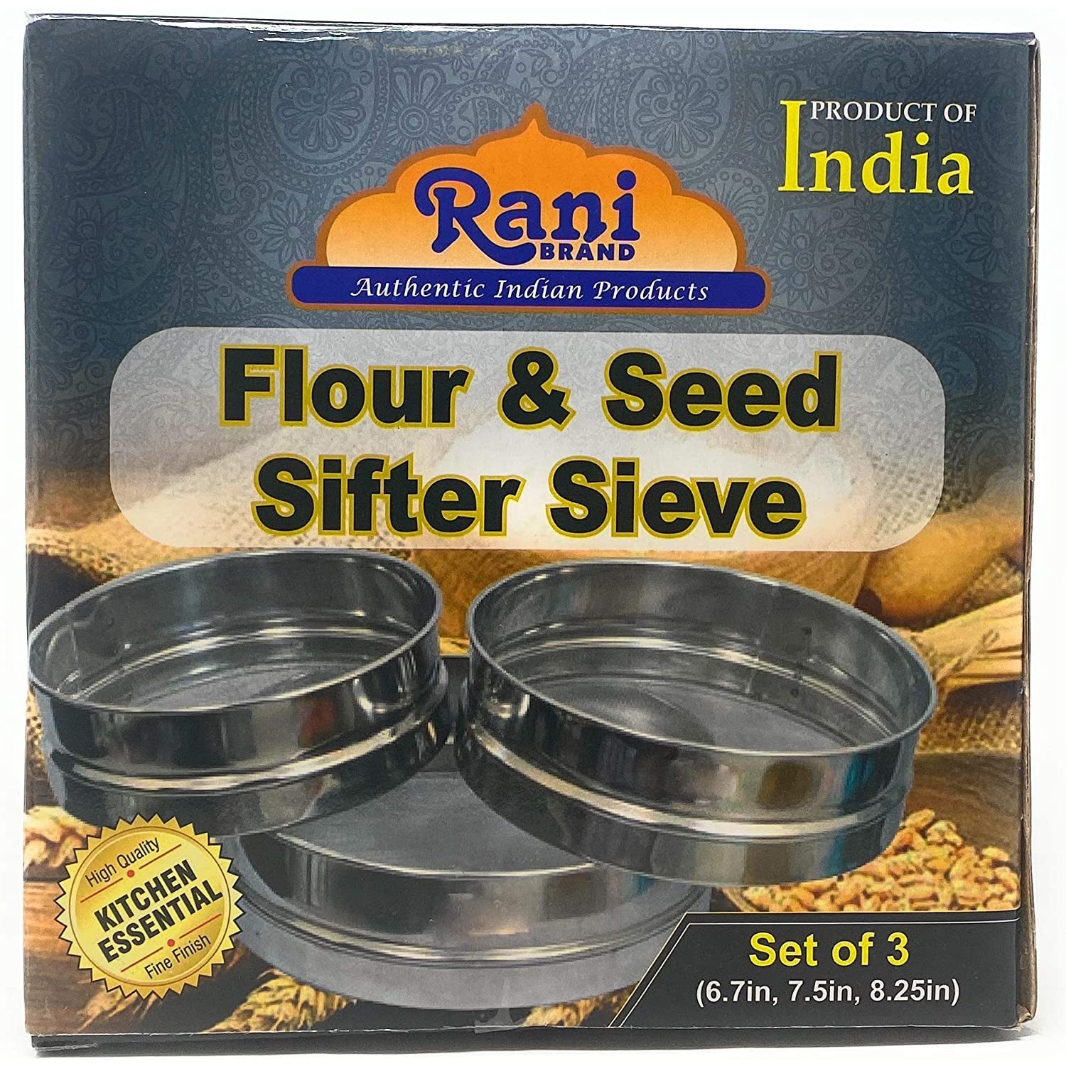 Stainless Steel Sieve ~ Set of 3 ~ for Flours, Seeds, Beans & Lentils - Sizes 6.7 , 7.5 , 8.25  by Rani Brand