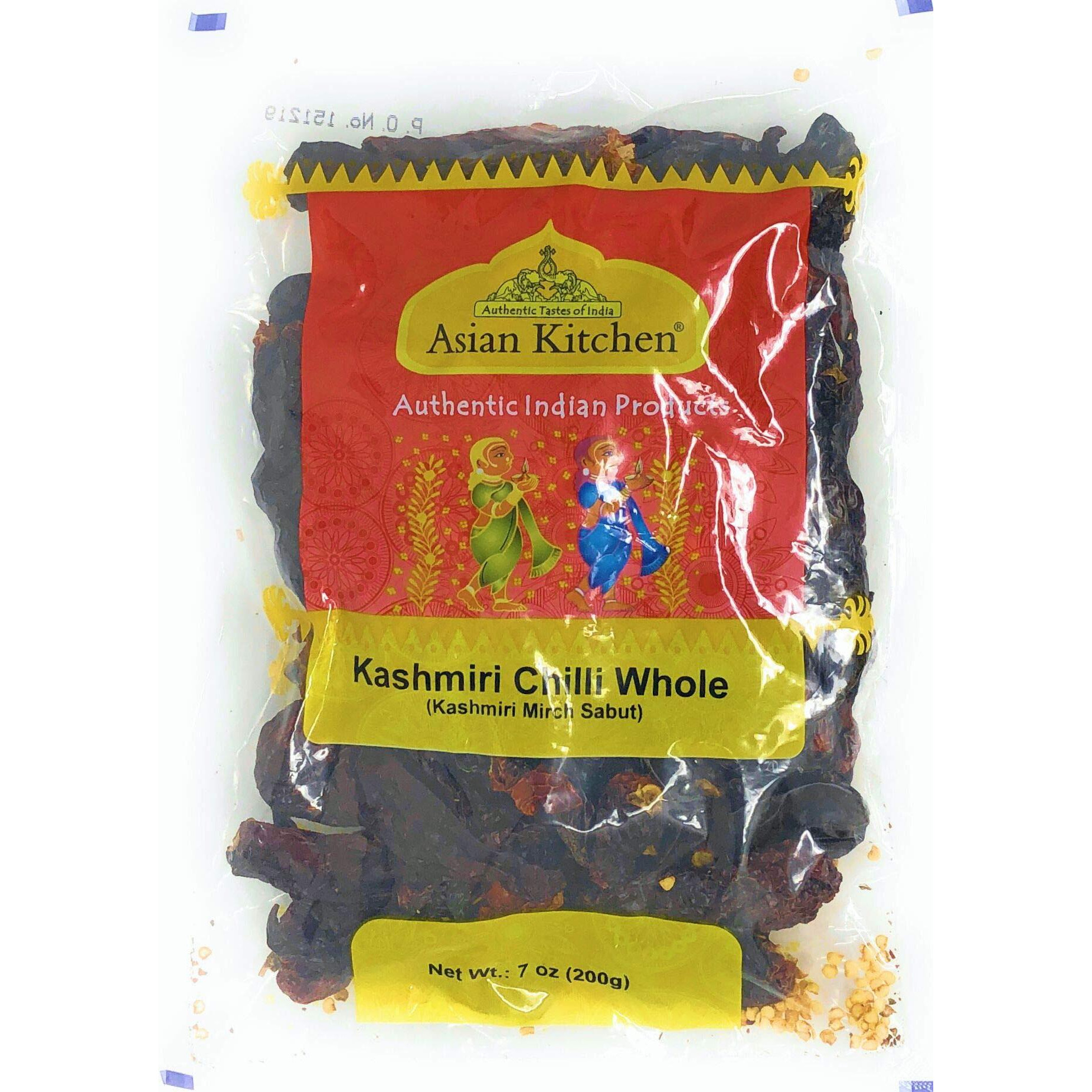 Asian Kitchen Kashmiri Chilli Whole, Low Heat Indian Chilli 7oz (200g) ~ All Natural, Vegan, Gluten Friendly, NON-GMO, Indian Origin