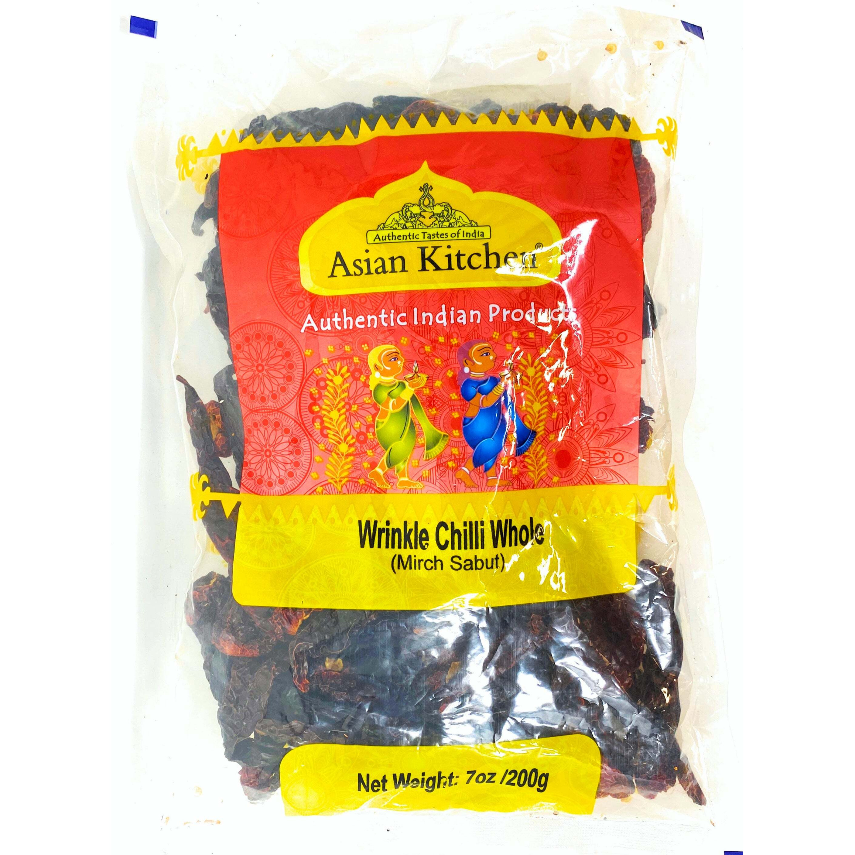 Asian Kitchen Wrinkled Chillies Whole (Mirch Sabut) 7oz (200g) ~ All Natural, Salt-Free, Vegan, No Colors, Gluten Friendly, NON-GMO, Indian Origin