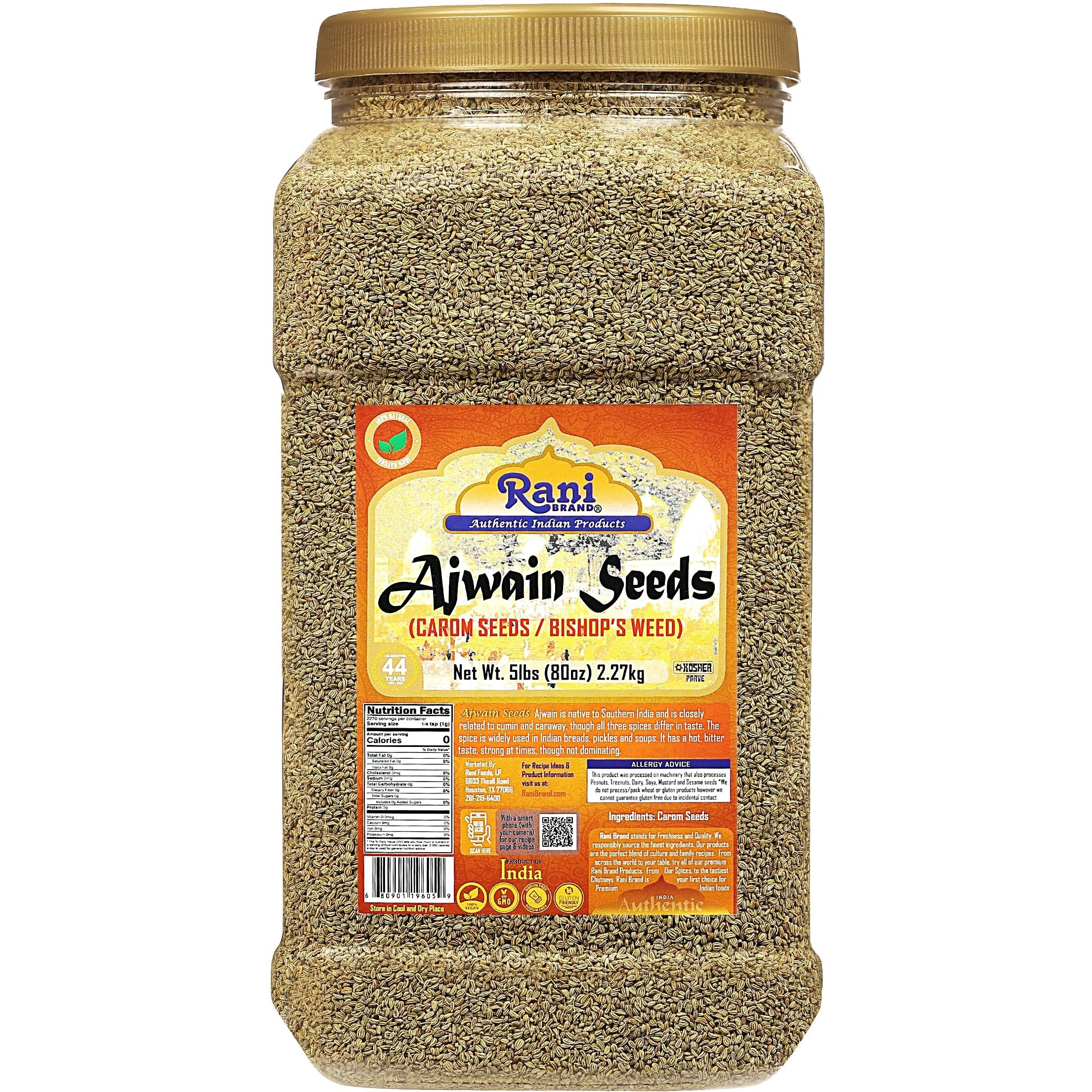 Rani Ajwain Seeds (Carom Bishops Weed) Spice Whole 80oz (5lbs) 2.27kg Bulk PET Jar ~ All Natural, Vegan, Gluten Friendly, NON-GMO, Kosher, Indian Origin