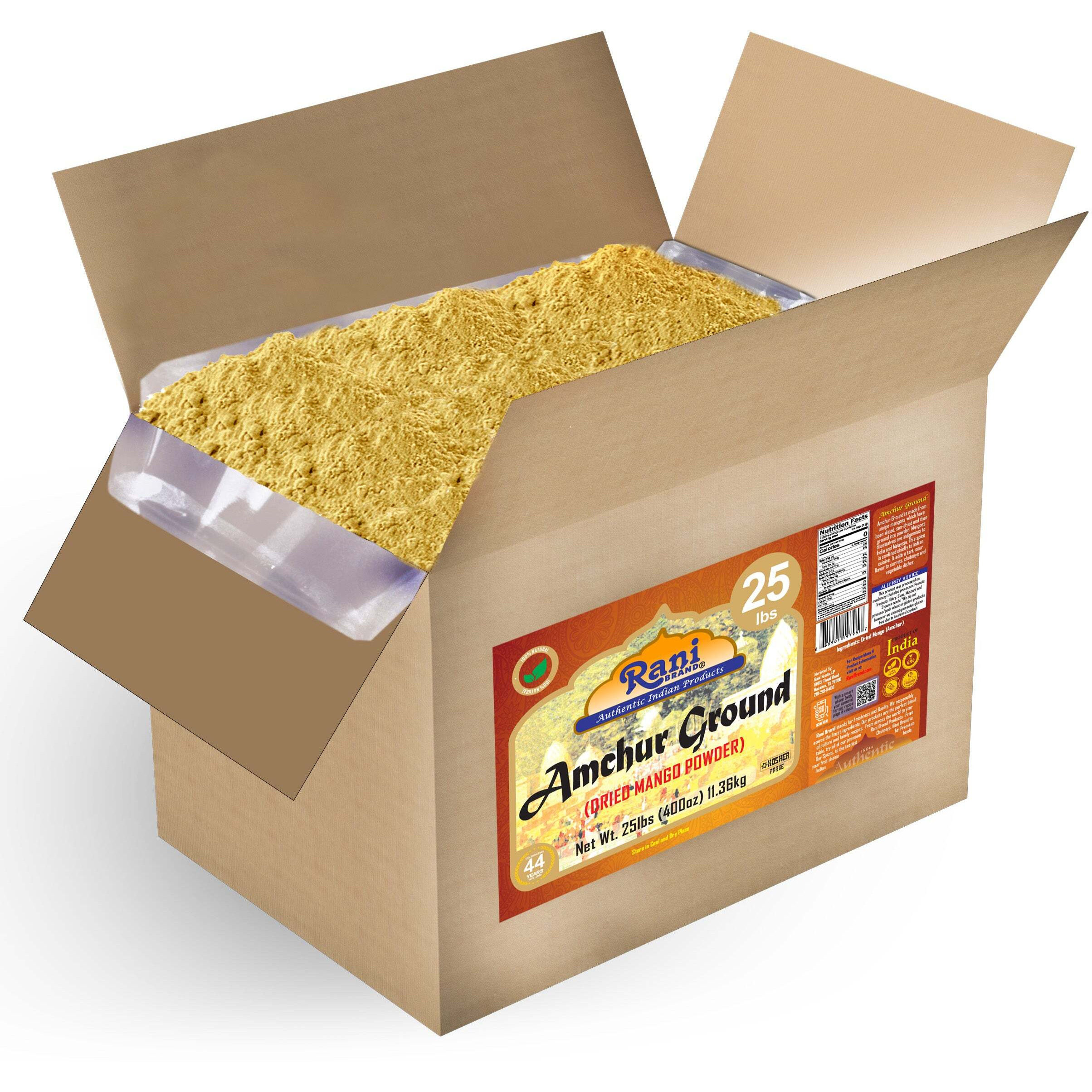 Rani Amchur (Mango) Ground Powder Spice 400oz (25lbs) 11.36kg Bulk Box ~ All Natural, Indian Origin, No Color, Gluten Friendly, Vegan, NON-GMO, Kosher, No Salt or fillers