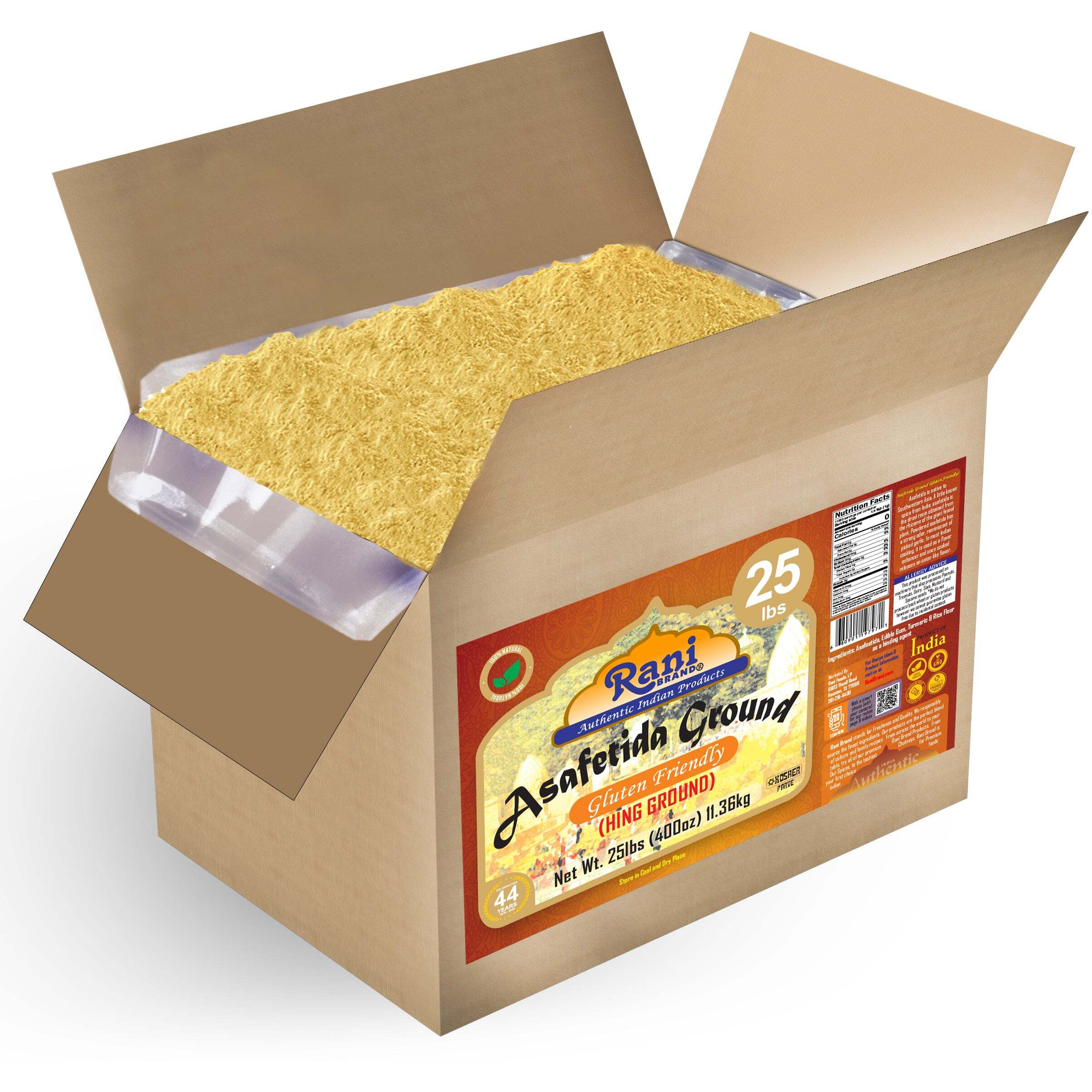 Rani Asafetida (Hing) Ground 400oz (25lbs) 11.36kg Gluten Friendly, Bulk Box ~ All Natural, Salt Free, Vegan, Non-GMO, KOSHER, Asafoetida Indian Spice, Best for Onion Garlic Substitute