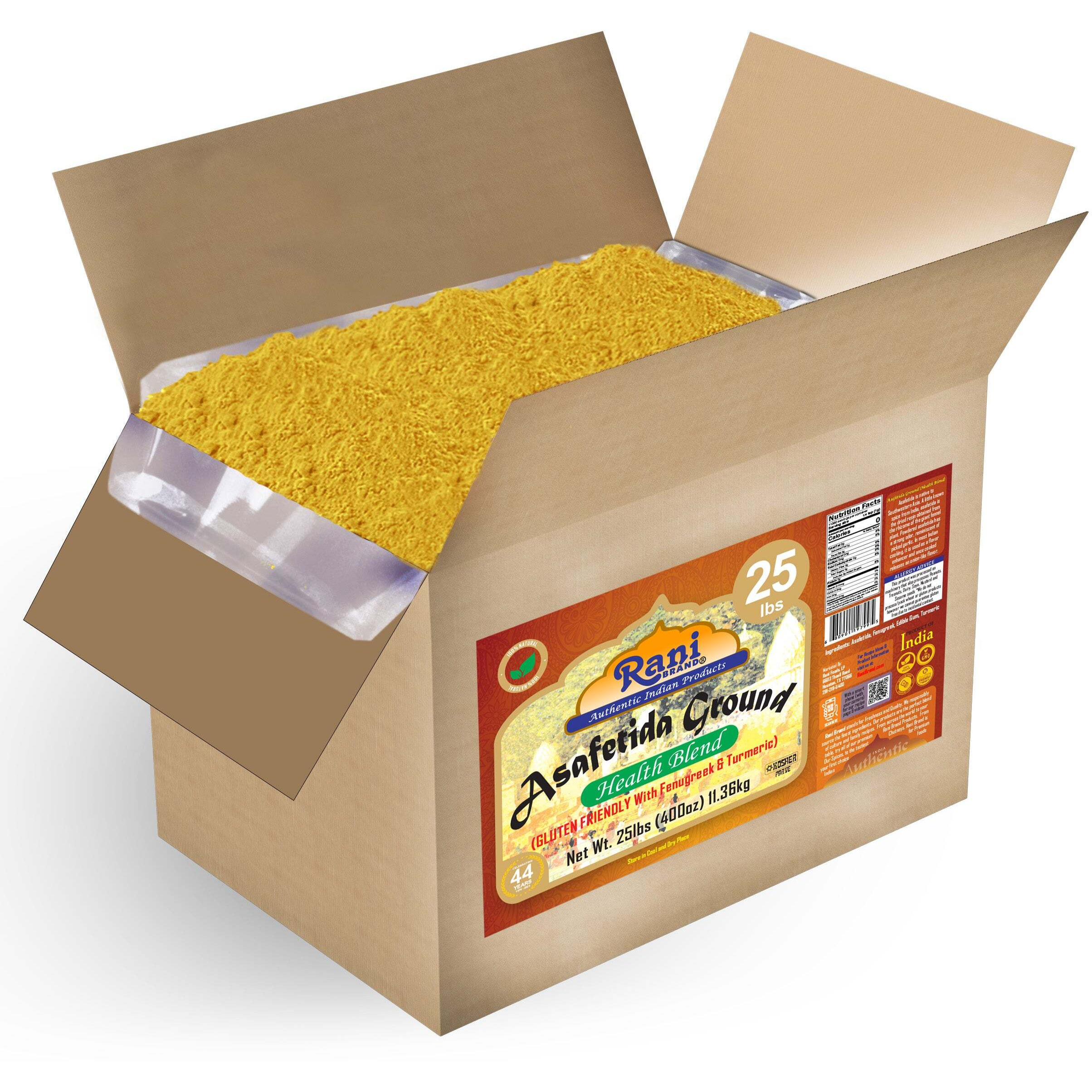 Rani Asafetida (Hing) Ground Health Blend w/Fenugreek and Turmeric 400oz (25lbs) 11.36kg Bulk Box ~ All Natural, Salt Free, Vegan, Asafoetida Indian Spice, Best for Onion Garlic Substitute