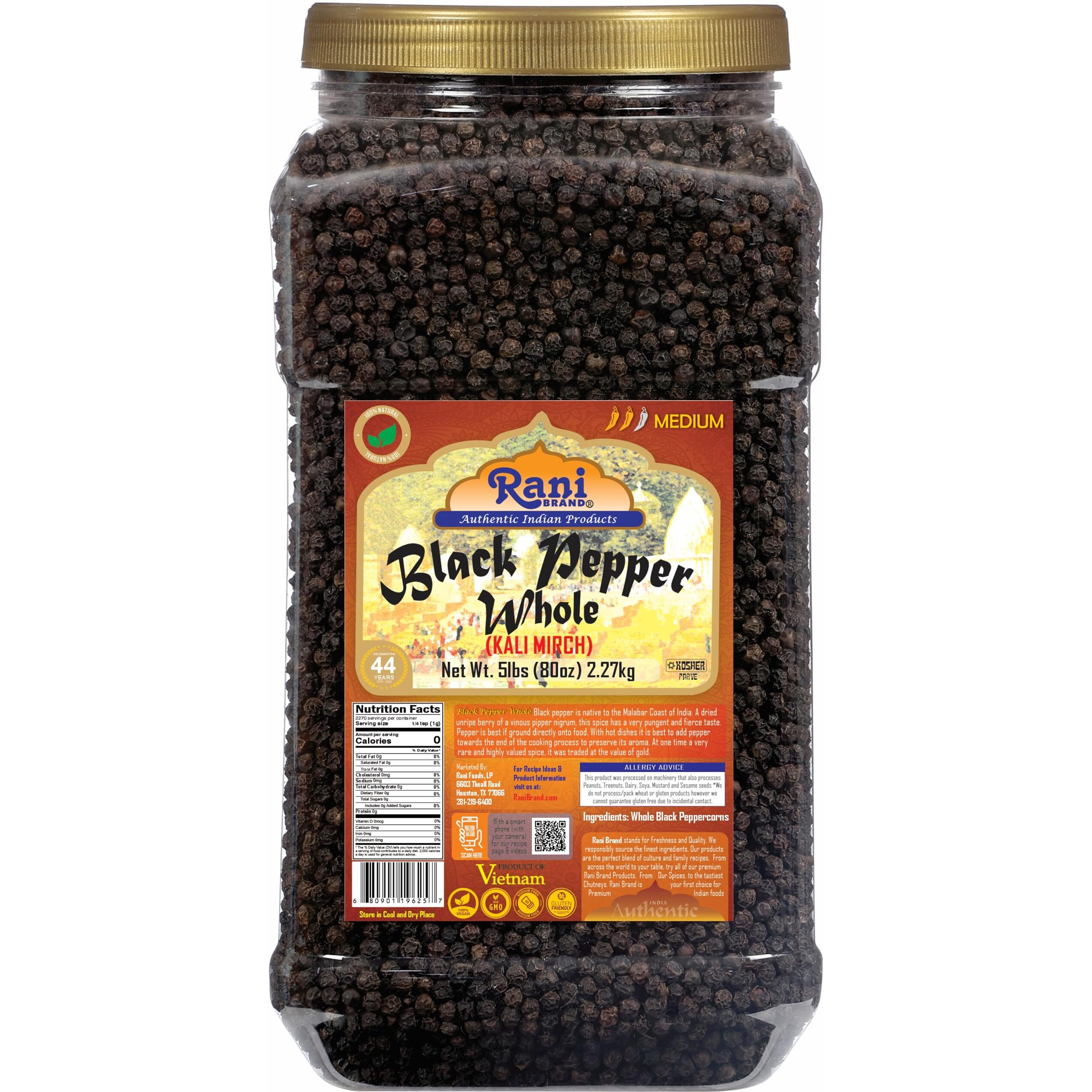 Rani Black Pepper Whole (Peppercorns), Premium MG-1 Grade 80oz (5lbs) 2.27kg Bulk PET Jar ~ All Natural, Gluten Friendly, Non-GMO, Kosher, Product of Vietnam, Perfect size for Grinders