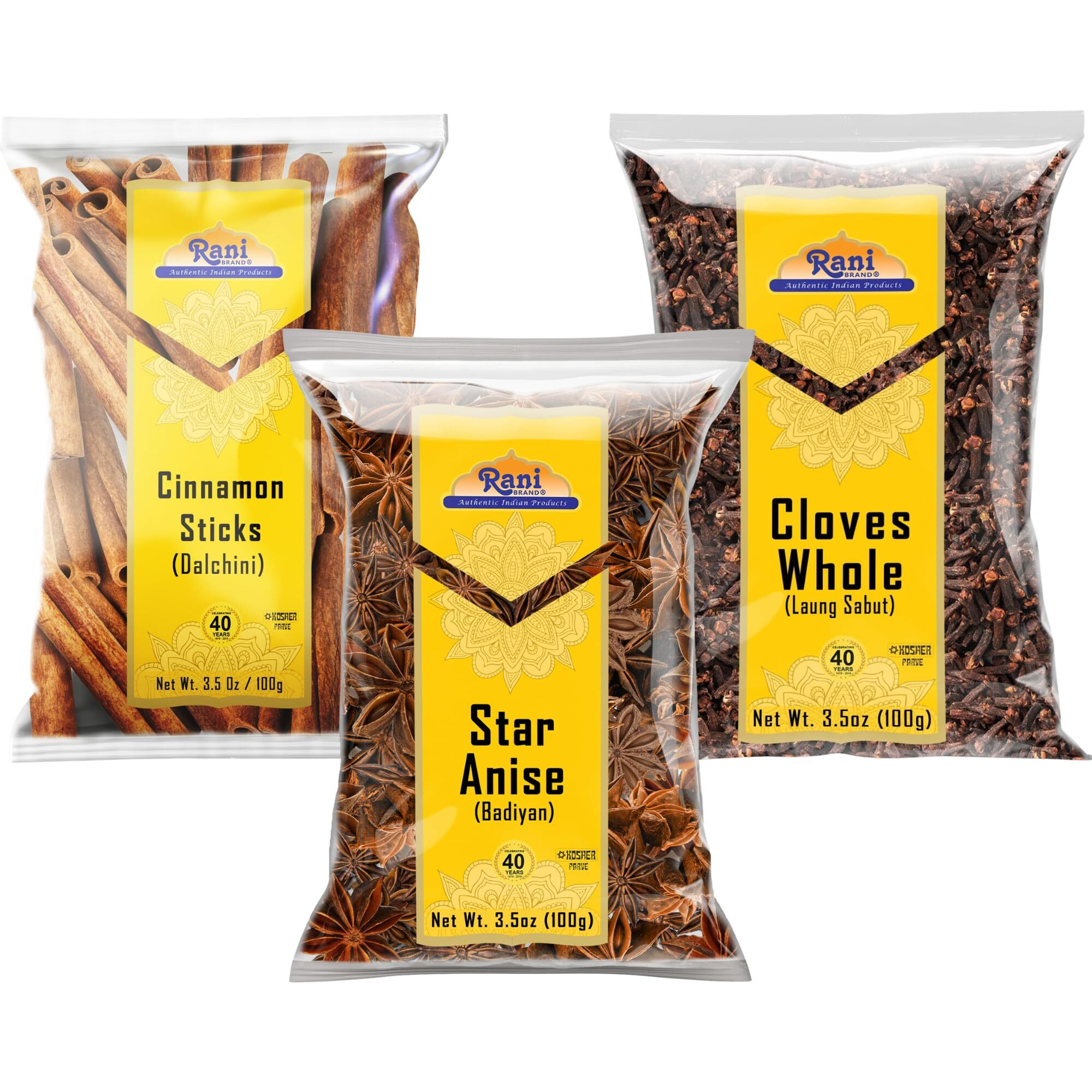 Rani Cinnamon Sticks, Star Anise & Whole Cloves 3.5oz (100g) Pack of 3 ~ Perfect for Baking, Cooking & Beverages ~ All Natural, Gluten Friendly, NON-GMO, Kosher, Vegan, Indian Origin