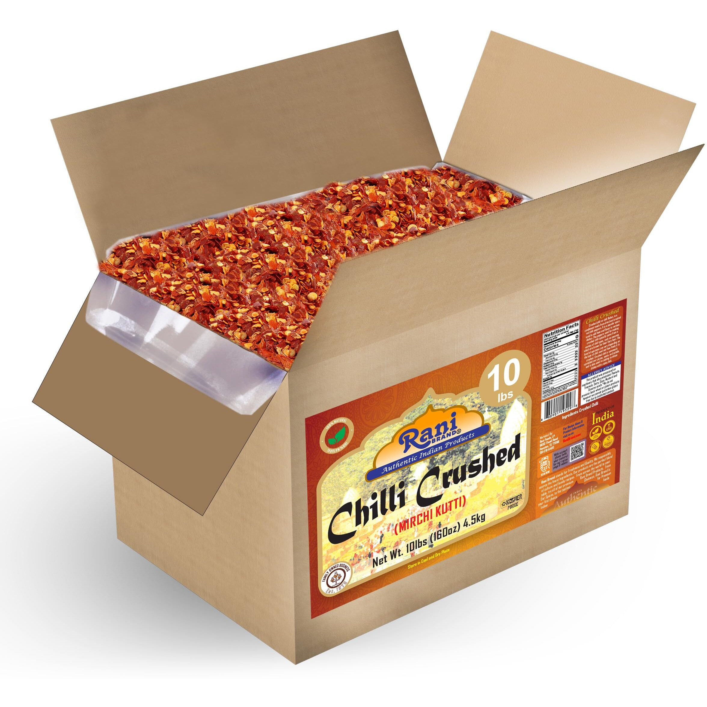 Rani Crushed Red Pepper Flakes Chilli (Pizza Type Cut) 160oz (10lbs) 4.54kg Bulk Box ~ All Natural, No Color added, Gluten Friendly, Vegan, NON-GMO, Kosher, No Salt or fillers