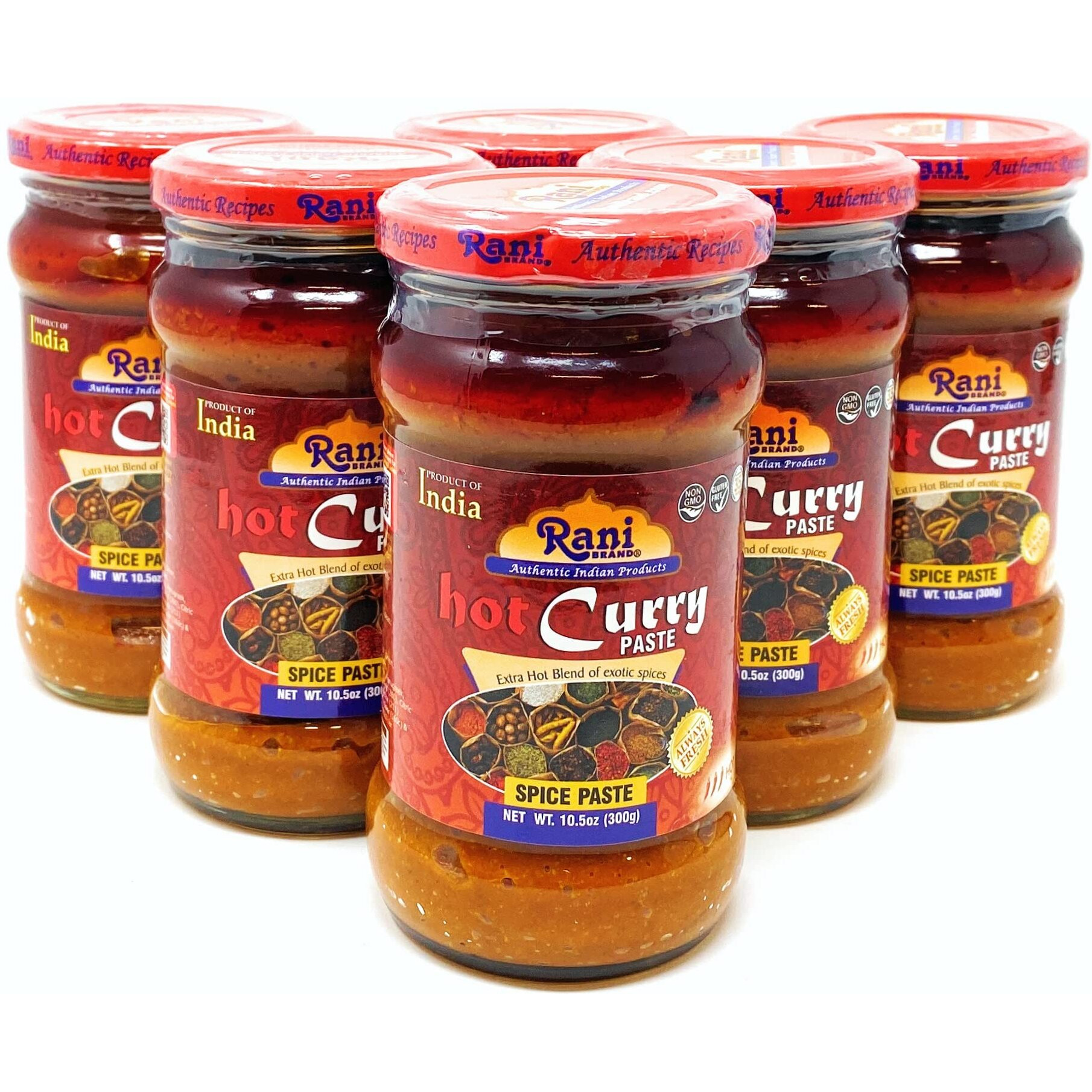 Rani Curry Paste HOT (Spice Paste) 10.5oz (300g) Glass Jar, Pack of 5+1 FREE ~ No Colors, All Natural, NON-GMO, Vegan, Gluten Free, Indian Origin