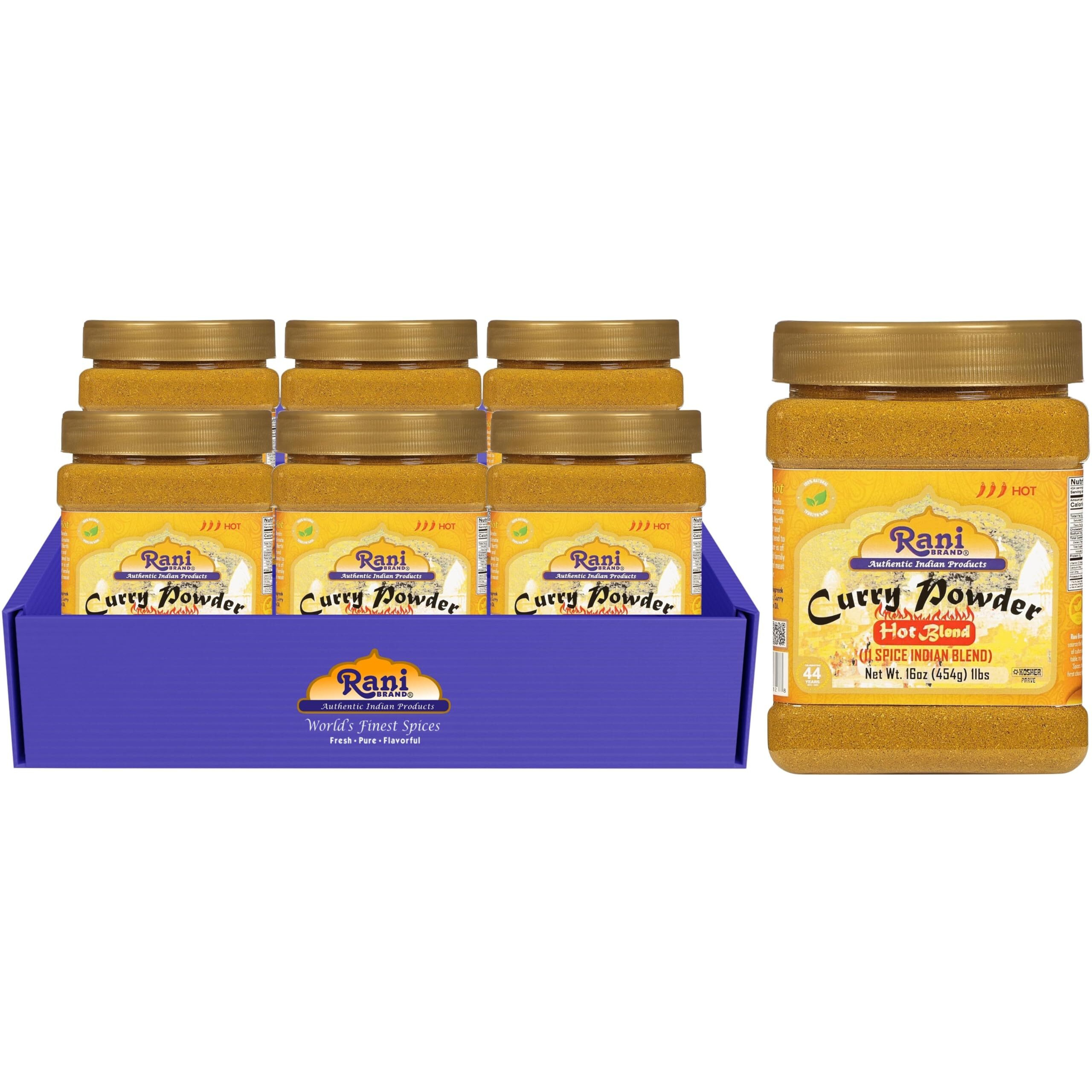 Rani Curry Powder Hot (11-Spice Authentic Indian Blend) 16oz (1lb) 454g PET Jar, Pack of 6 ~ All Natural, Salt-Free, Vegan, No Colors, Gluten Friendly, NON-GMO, Kosher, Indian Origin