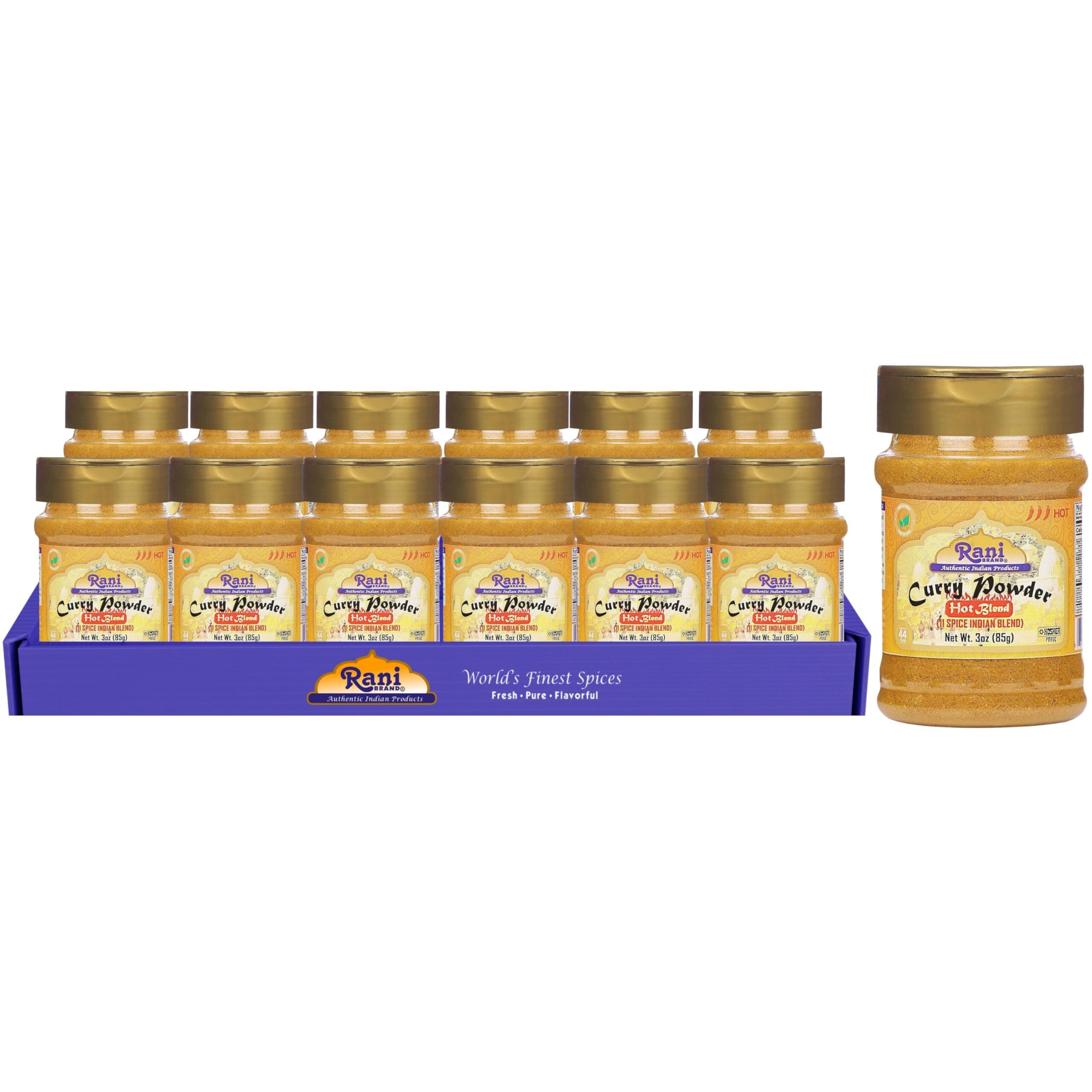 Rani Curry Powder Hot (11-Spice Authentic Indian Blend) 3oz (85g) PET Jar, Pack of 12 ~ All Natural, Salt-Free, Vegan, No Colors, Gluten Friendly, NON-GMO, Kosher, Indian Origin