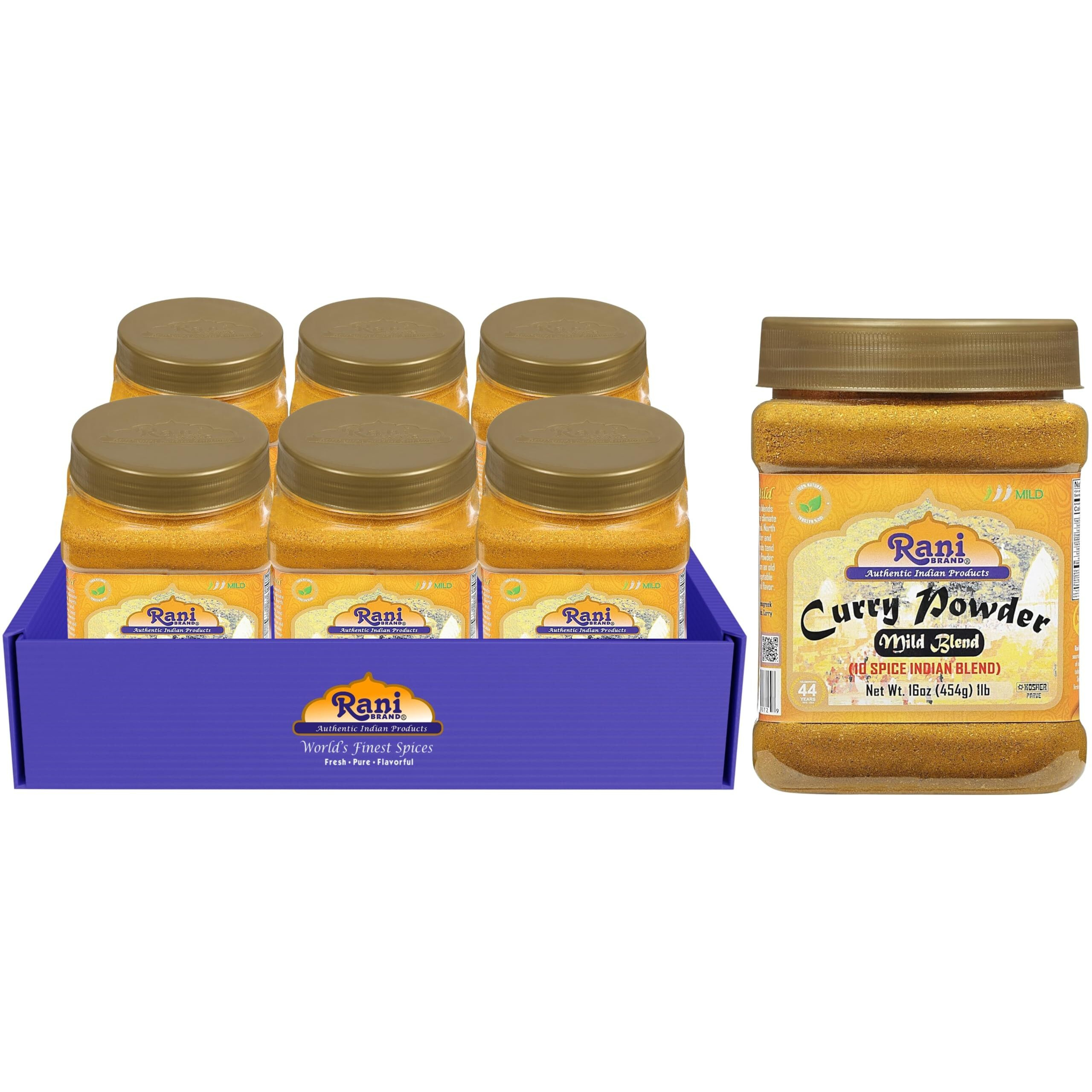 Rani Curry Powder Mild (10-Spice Authentic Indian Blend) 16oz (1lb) 454g PET Jar, Pack of 6 ~ All Natural, Salt-Free, NO Chili or Peppers, Vegan, Gluten Friendly, NON-GMO, Kosher, Indian Origin