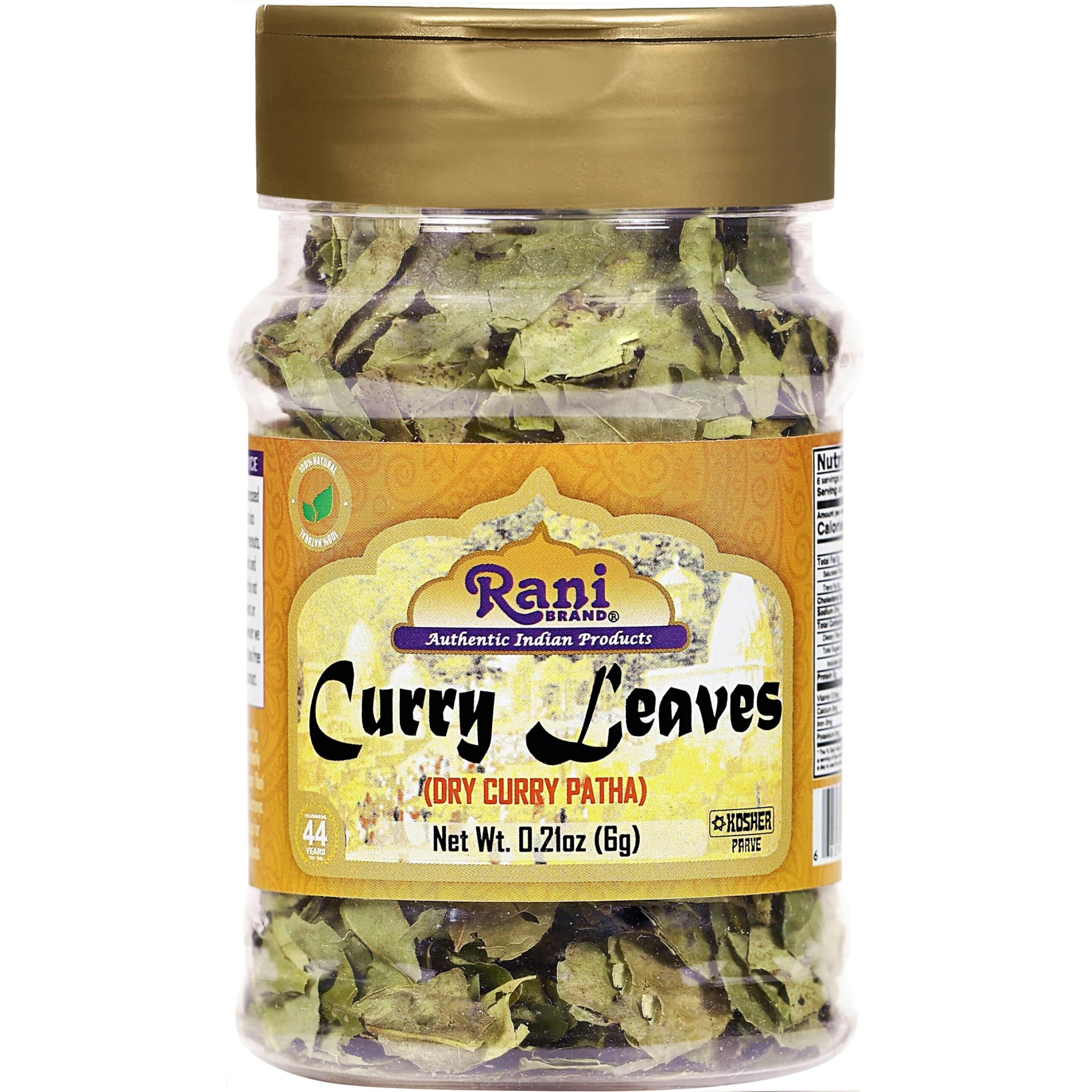 Rani Dried Curry Whole Leaves (Kari Neem Patha) Indian Spice 0.21oz (6g) PET Jar ~ Non-irradiated, All Natural, Vegan, Gluten Friendly, NON-GMO, Kosher, Product of USA
