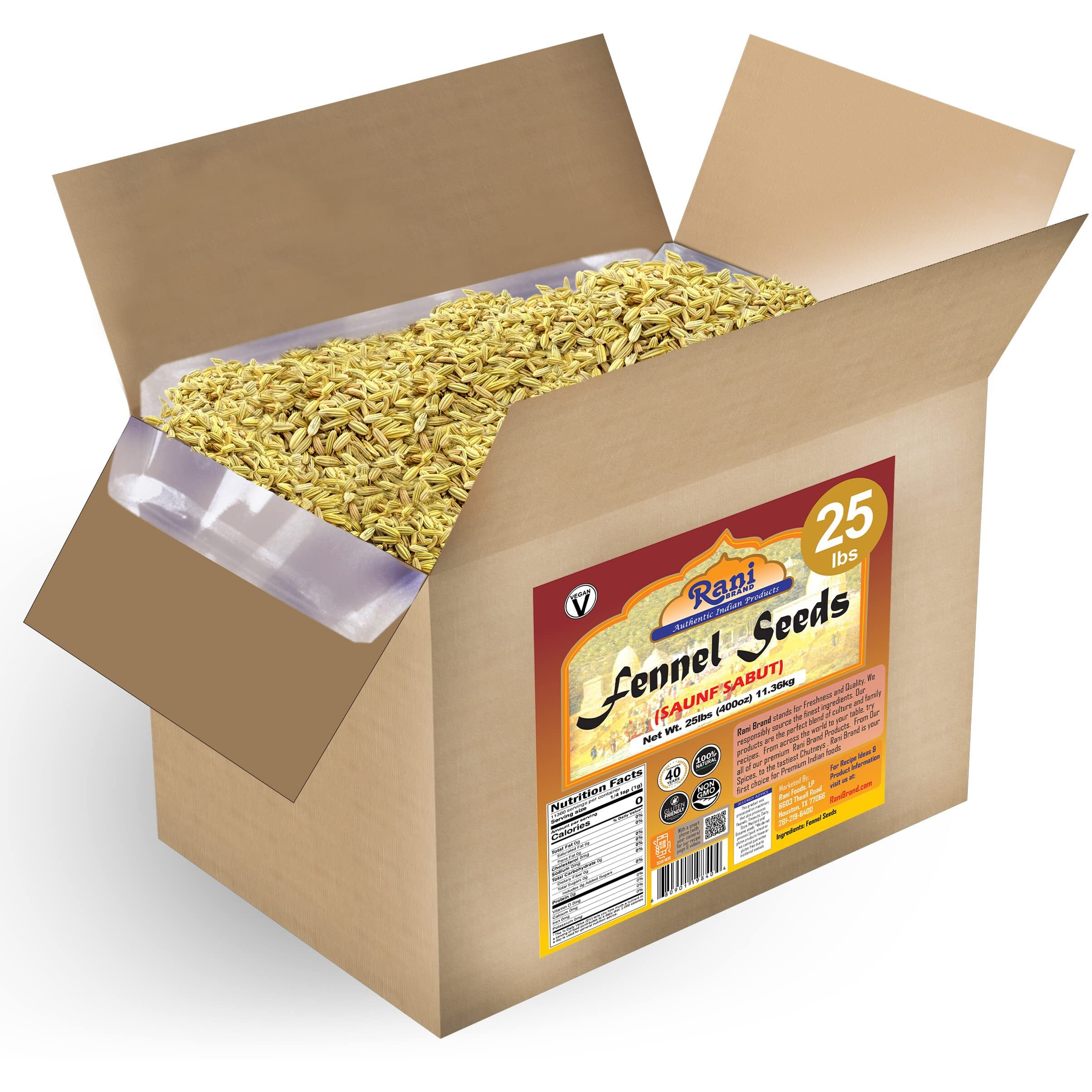 Rani Fennel Seeds (Saunf Sabut) Whole Spice 400oz (25lbs) 11.36kg Bulk Box ~ All Natural, Gluten Friendly, NON-GMO, Kosher, Vegan, Indian Origin
