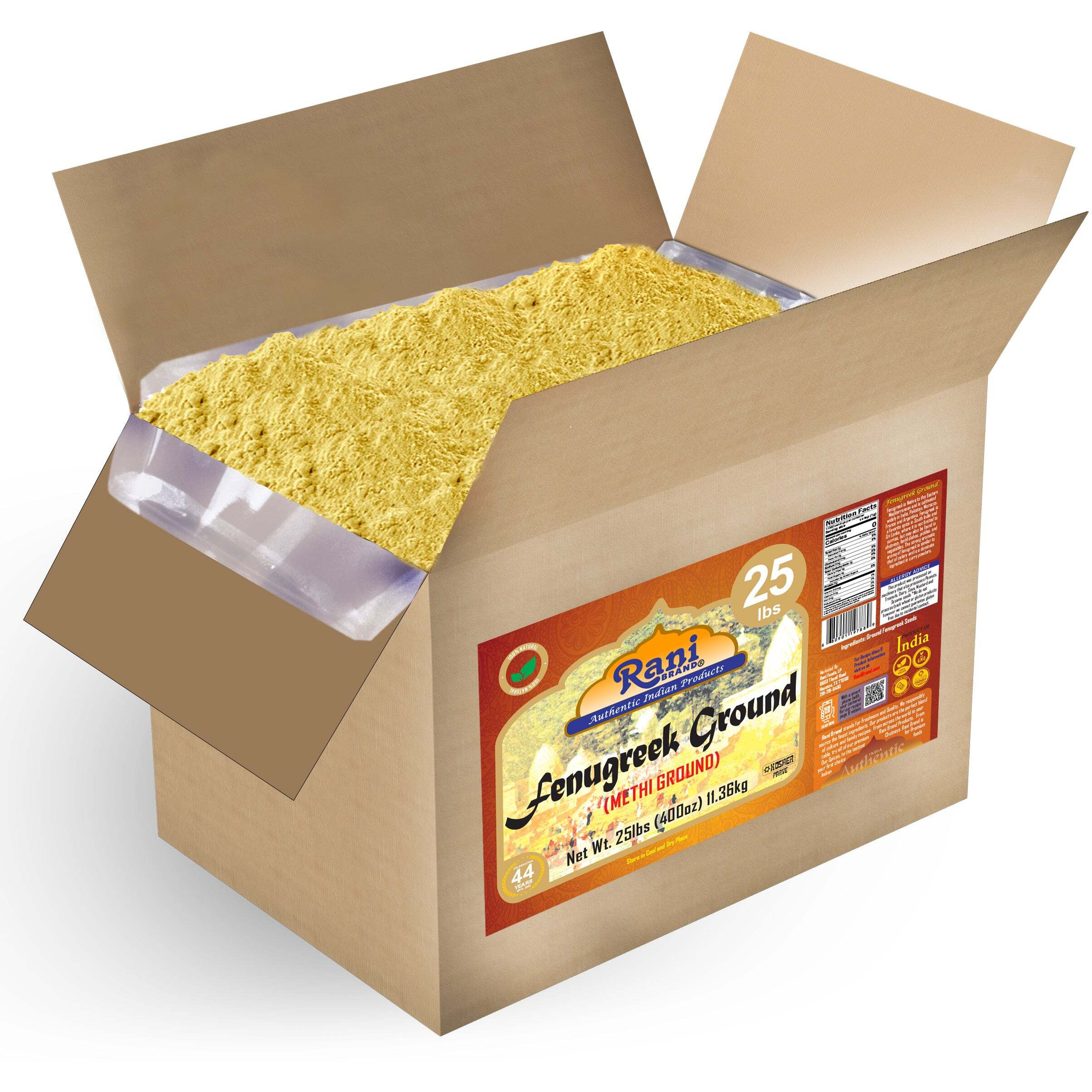 Rani Fenugreek (Methi) Seeds Ground Powder 400oz (25lb) 11.36kg Bulk Box, Trigonella foenum graecum ~ All Natural, Vegan, Gluten Friendly, Kosher, Indian Origin, used in cooking & Ayurvedic spice
