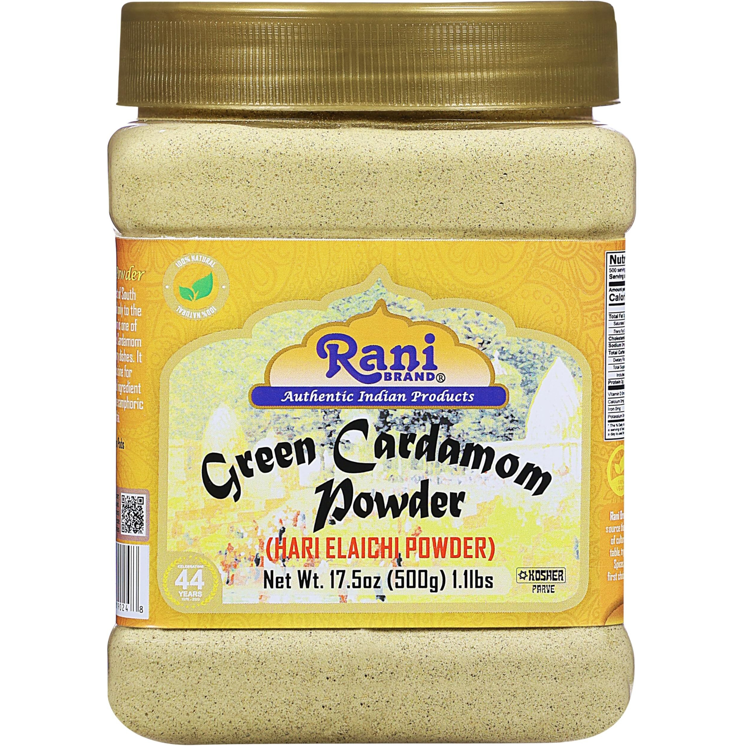 Rani Green Cardamom Pods Powder, Ground with Green Husks (Hari Elachi) 17.5oz (1.1lbs) 500g PET Jar ~ All Natural, Vegan, Gluten Friendly, NON-GMO, Kosher, Product of India