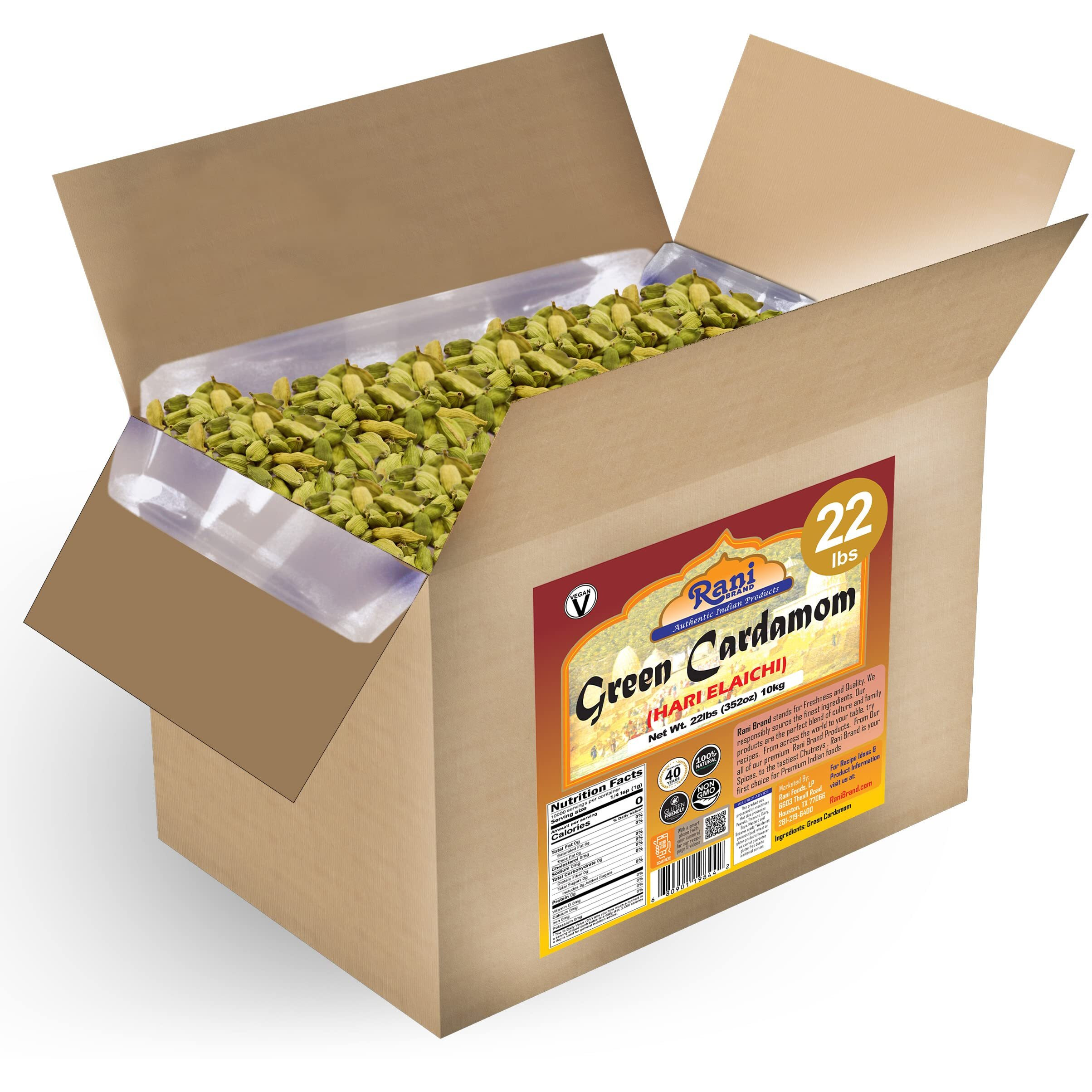 Rani Green Cardamom Pods Spice (Hari Elachi) 352oz (22lbs) 10kg Bulk Box ~ All Natural, Vegan, Gluten Friendly, NON-GMO, Product of India