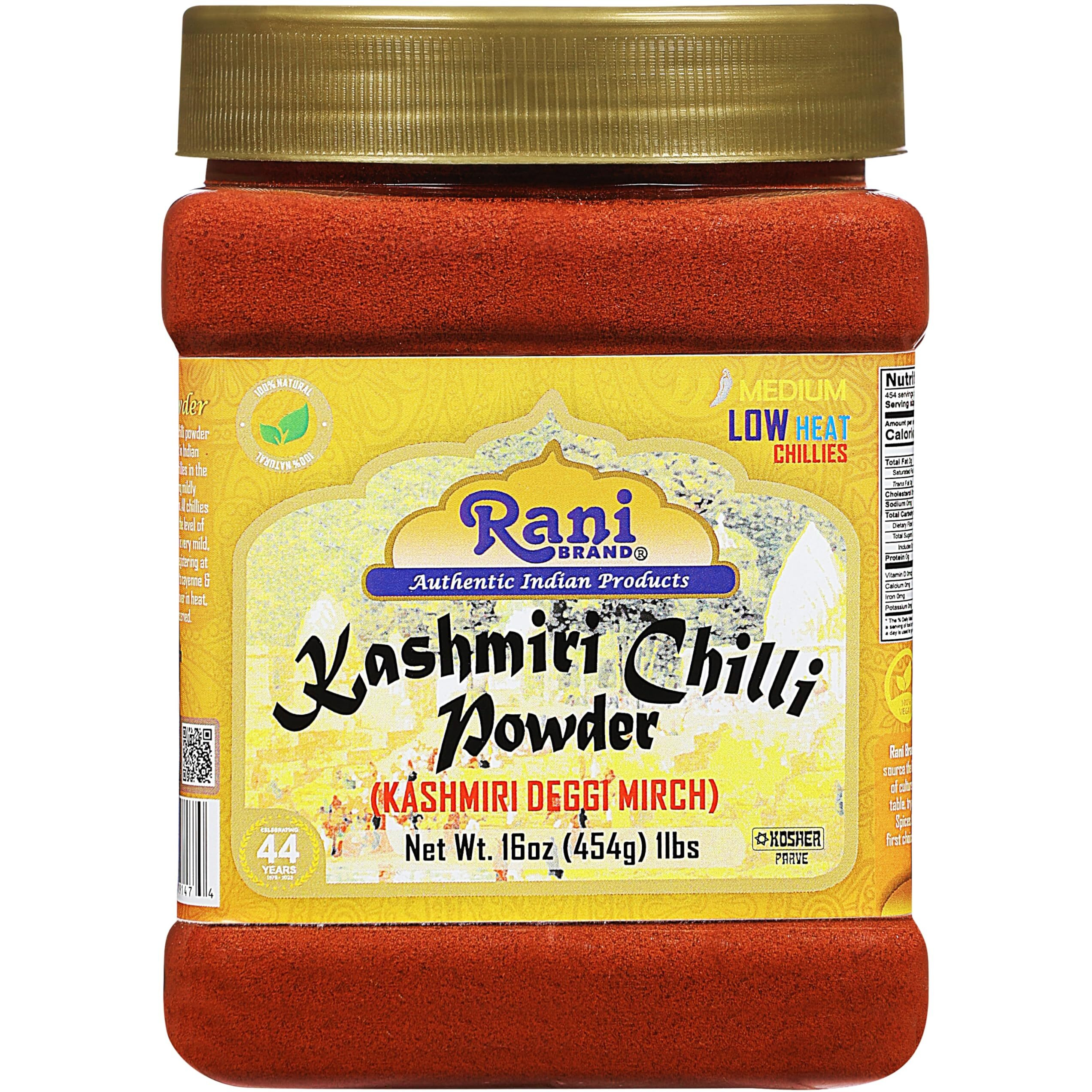 Rani Kashmiri Chilli Powder (Deggi Mirch, Low Heat) Ground Indian Spice 16oz (1lb) 454g PET Jar ~ All Natural, Salt-Free, Vegan, Kosher, Gluten Friendly