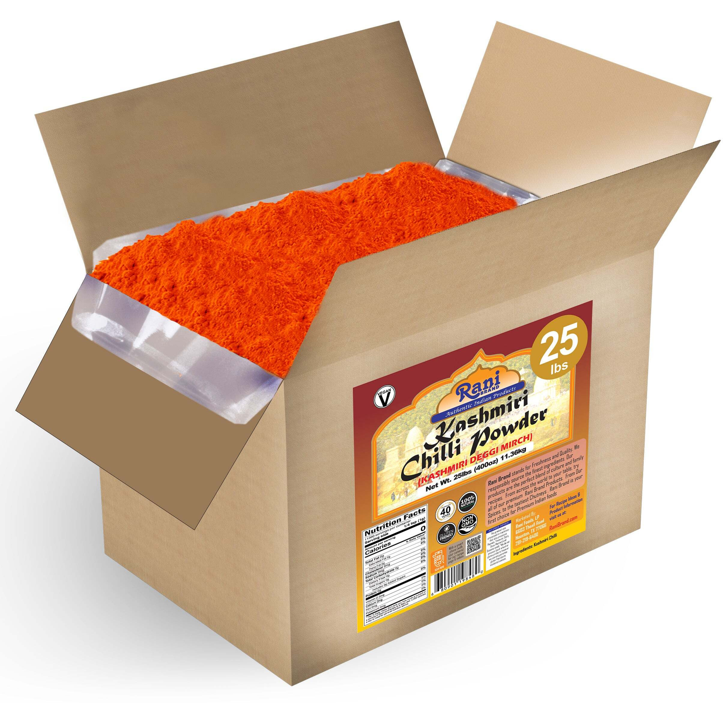 Rani Kashmiri Chilli Powder (Deggi Mirch, Low Heat) Ground Indian Spice 400oz (25lbs) 11.36kg Bulk Box ~ All Natural, Salt-Free, Gluten Friendly, Perfect for Deviled Eggs & Other Low Heat Dishes