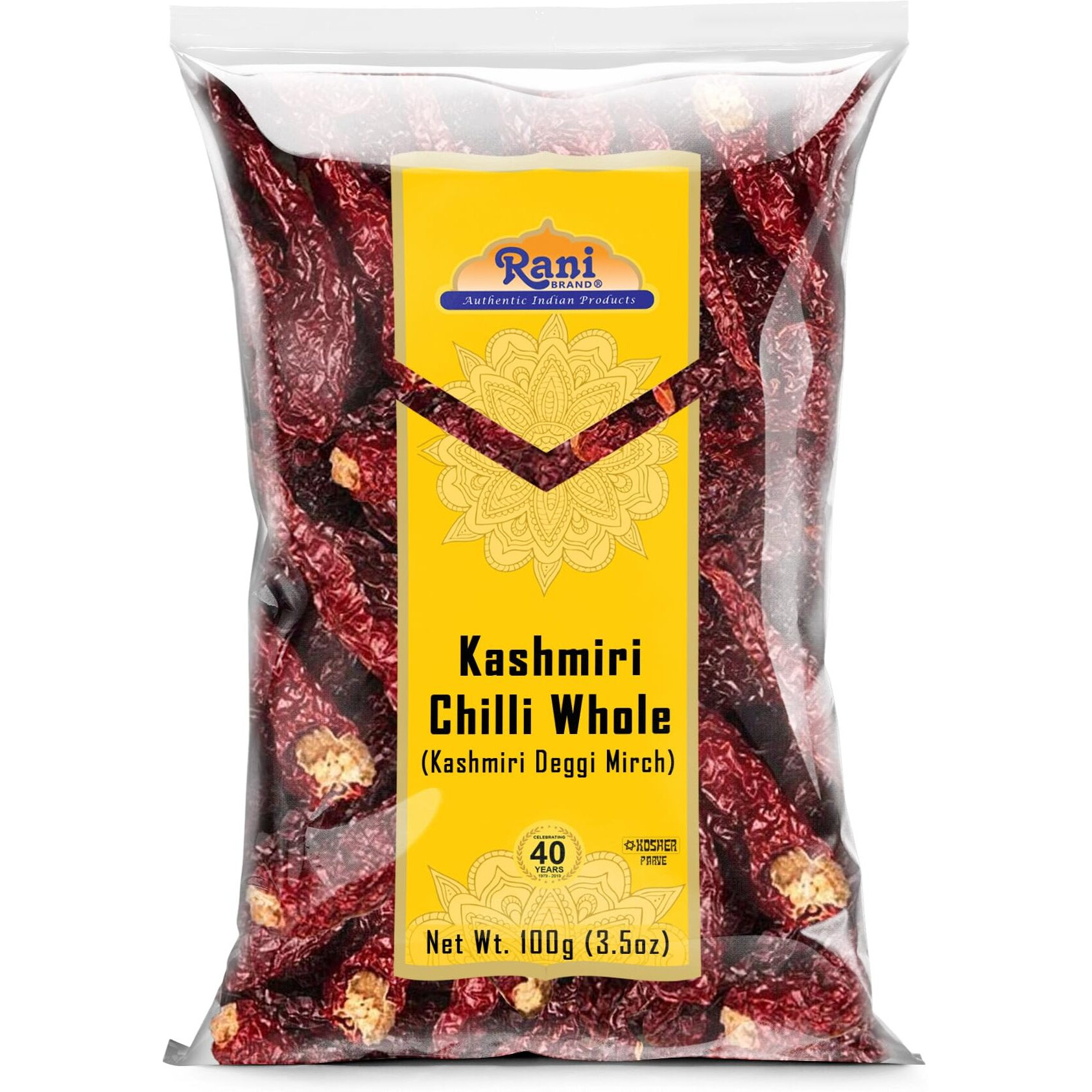 Rani Kashmiri Chilli Whole (Deggi Mirch, Low Heat) 3.5oz (100g) ~ Natural, Salt-Free, Vegan, No Colors, Gluten Friendly, NON-GMO, Kosher, Indian Origin