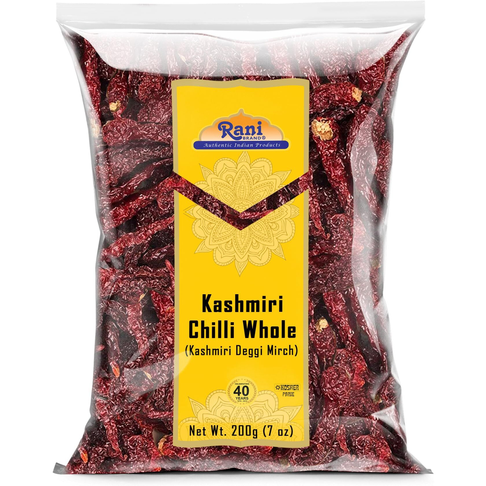 Rani Kashmiri Chilli Whole (Deggi Mirch, Low Heat) 7oz (200g) ~ Natural, Salt-Free, Vegan, No Colors, Gluten Friendly, NON-GMO, Kosher, Indian Origin