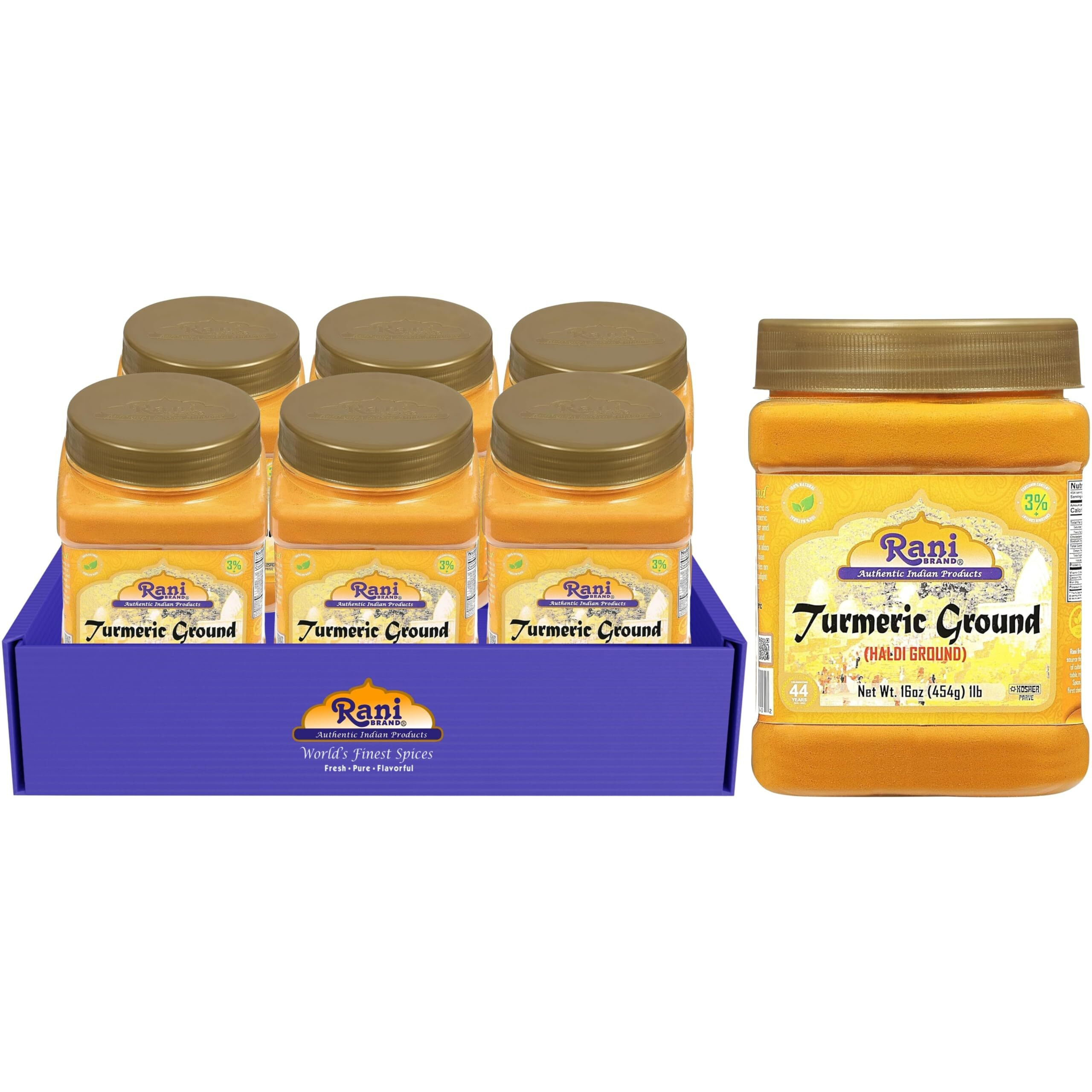 Rani Turmeric (Haldi) Root Powder Spice, (High Curcumin Content) 16oz (1lb) 454g PET Jar, Pack of 6 ~ All Natural, 100% Pure, Salt Free, Vegan, Gluten Friendly, NON-GMO, Indian Origin (Size 16oz (1lb) 454g)