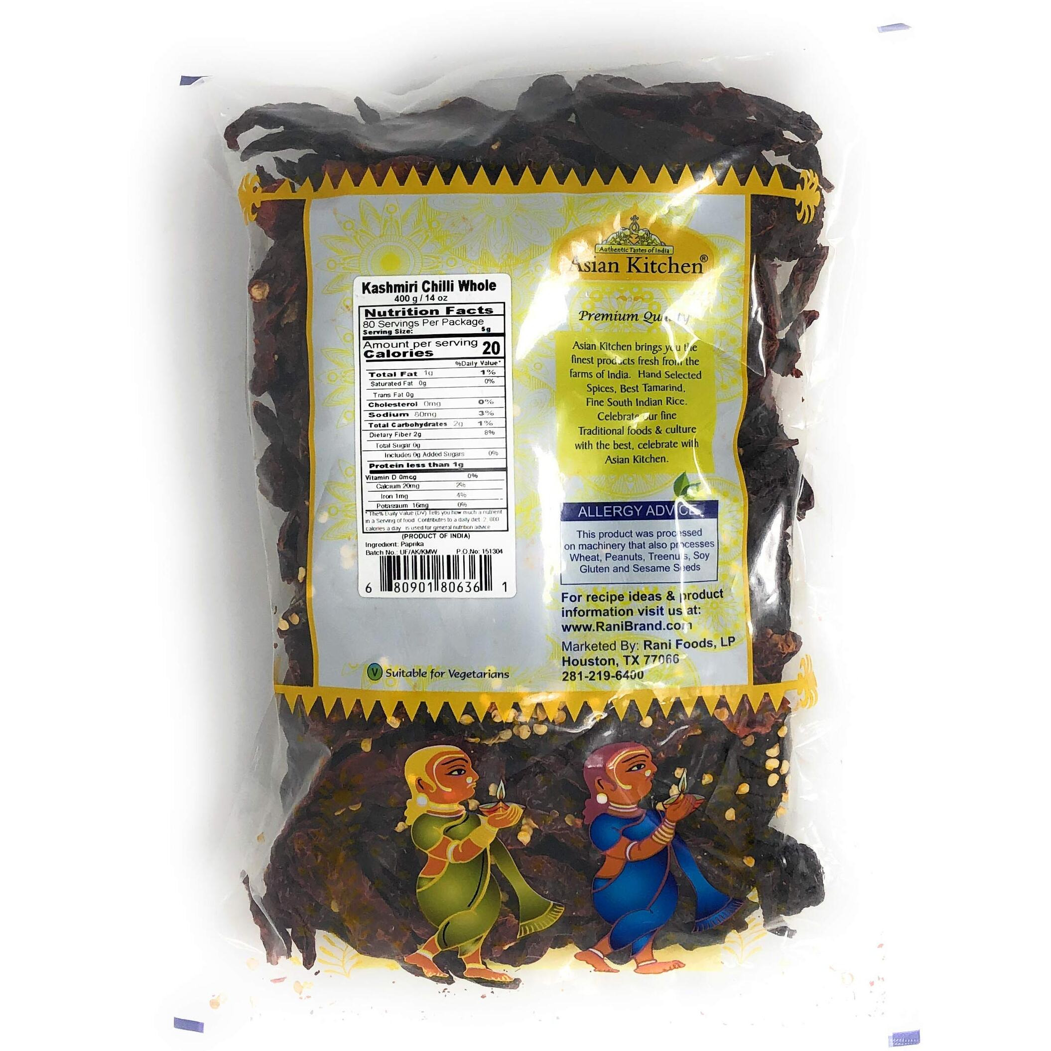 Asian Kitchen Kashmiri Chilli Whole, Low Heat Indian Chilli 14oz (400g) ~ All Natural, Vegan, Gluten Friendly, NON-GMO, Indian Origin