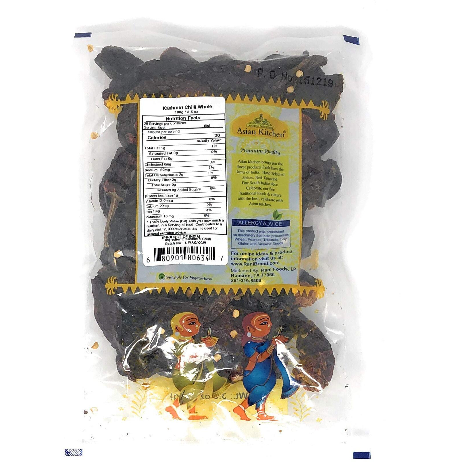 Asian Kitchen Kashmiri Chilli Whole, Low Heat Indian Chilli 3.5oz (100g) ~ All Natural, Vegan, Gluten Friendly, NON-GMO, Indian Origin