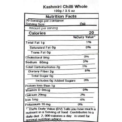Asian Kitchen Kashmiri Chilli Whole, Low Heat Indian Chilli 3.5oz (100g) ~ All Natural, Vegan, Gluten Friendly, NON-GMO, Indian Origin