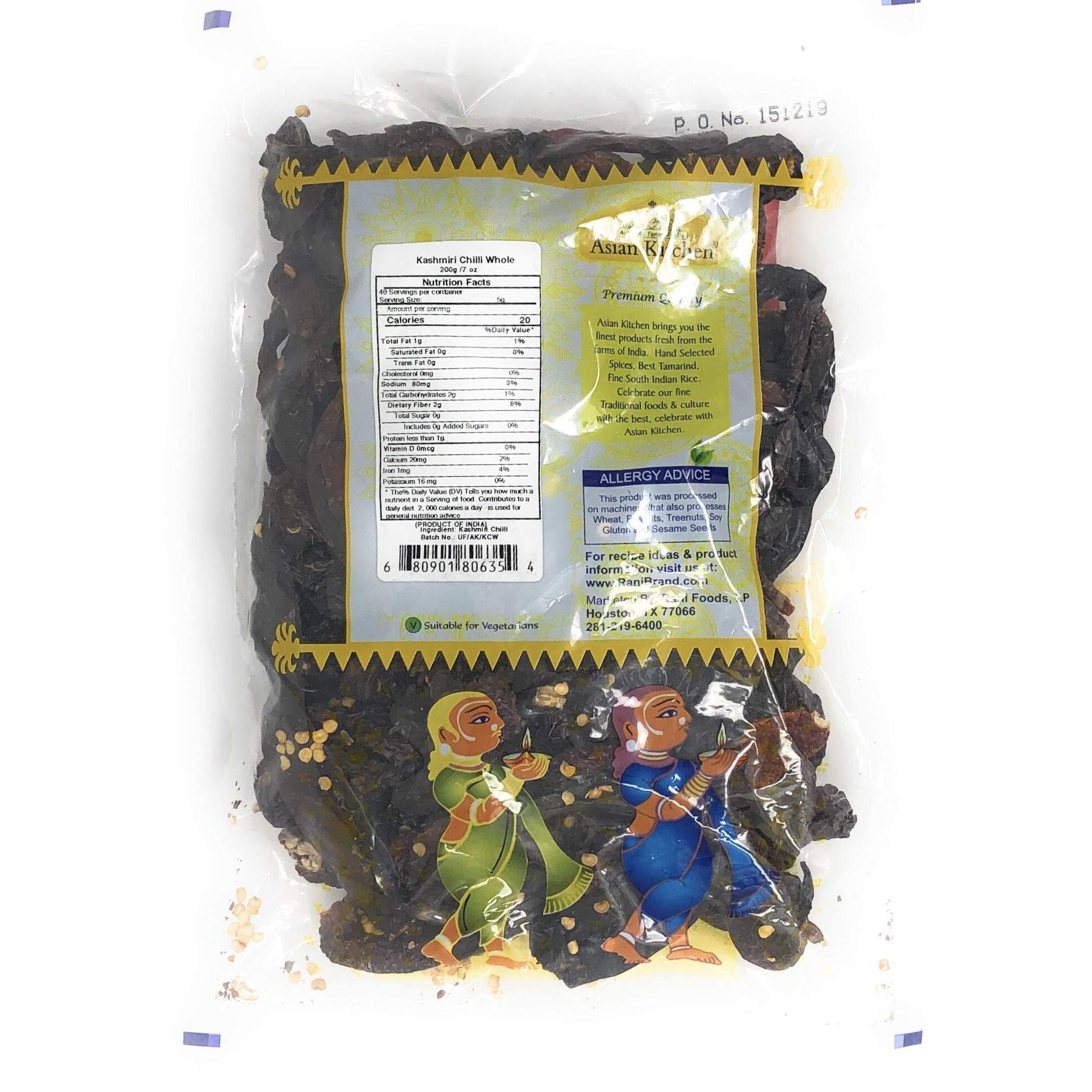Asian Kitchen Kashmiri Chilli Whole, Low Heat Indian Chilli 7oz (200g) ~ All Natural, Vegan, Gluten Friendly, NON-GMO, Indian Origin