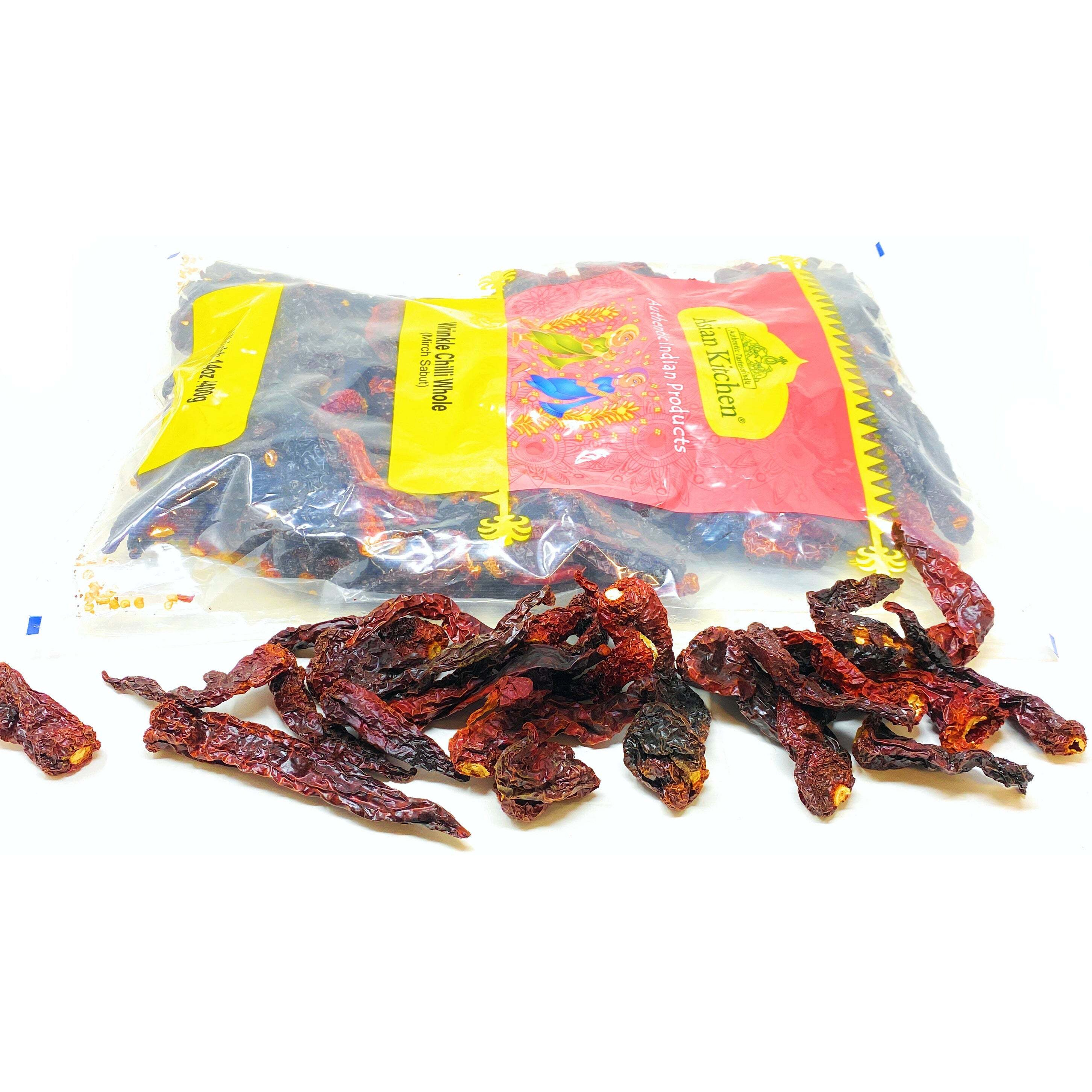 Asian Kitchen Wrinkled Chillies Whole (Mirch Sabut) 14oz (400g) ~ All Natural, Salt-Free, Vegan, No Colors, Gluten Friendly, NON-GMO, Indian Origin