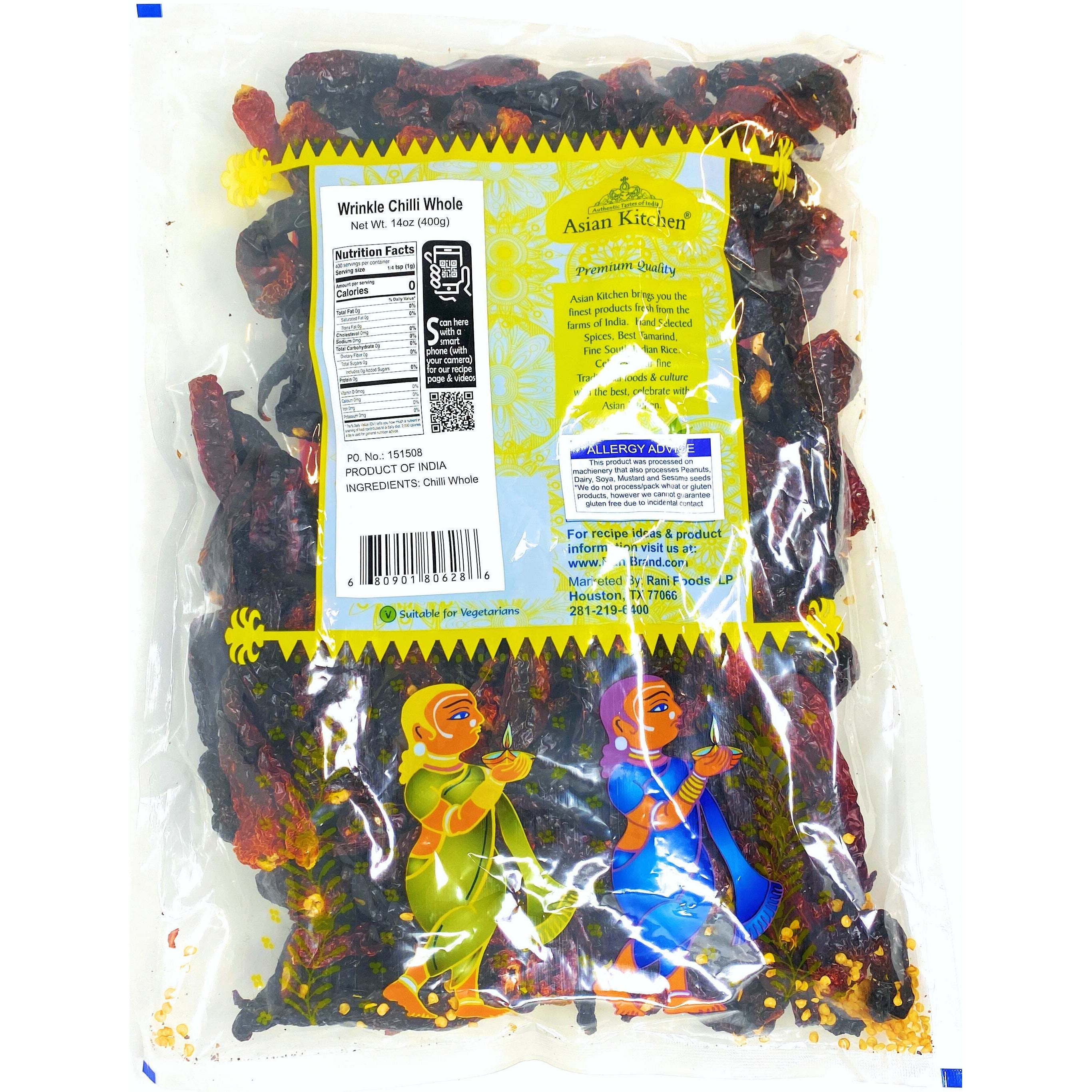 Asian Kitchen Wrinkled Chillies Whole (Mirch Sabut) 14oz (400g) ~ All Natural, Salt-Free, Vegan, No Colors, Gluten Friendly, NON-GMO, Indian Origin