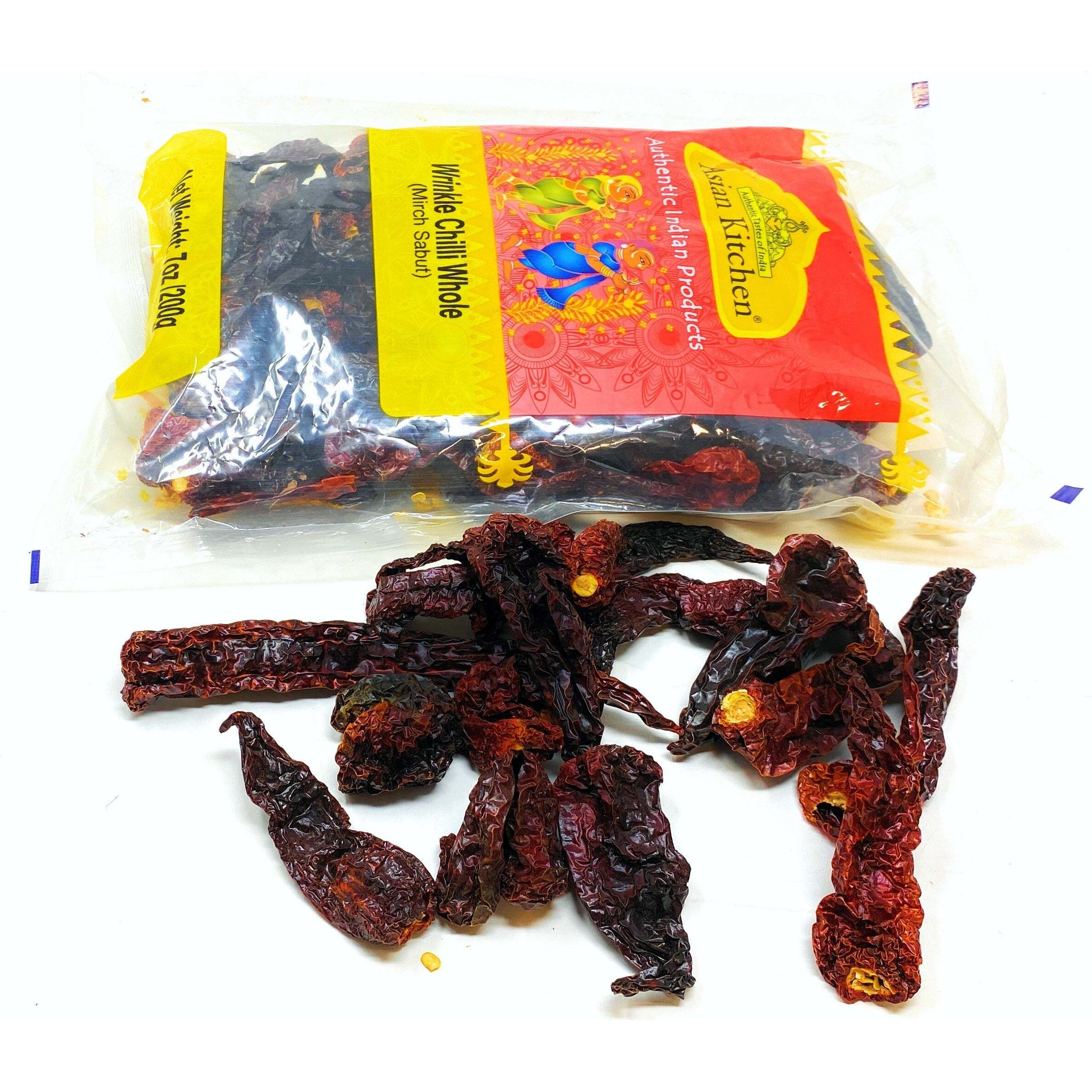 Asian Kitchen Wrinkled Chillies Whole (Mirch Sabut) 7oz (200g) ~ All Natural, Salt-Free, Vegan, No Colors, Gluten Friendly, NON-GMO, Indian Origin