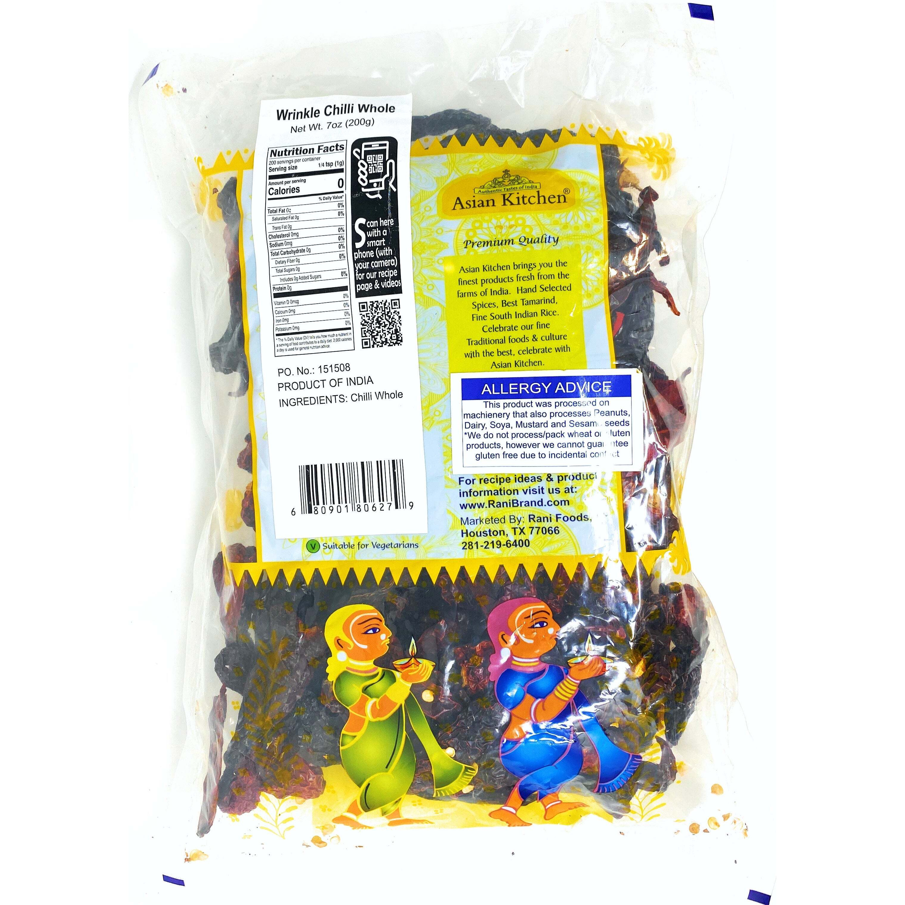 Asian Kitchen Wrinkled Chillies Whole (Mirch Sabut) 7oz (200g) ~ All Natural, Salt-Free, Vegan, No Colors, Gluten Friendly, NON-GMO, Indian Origin