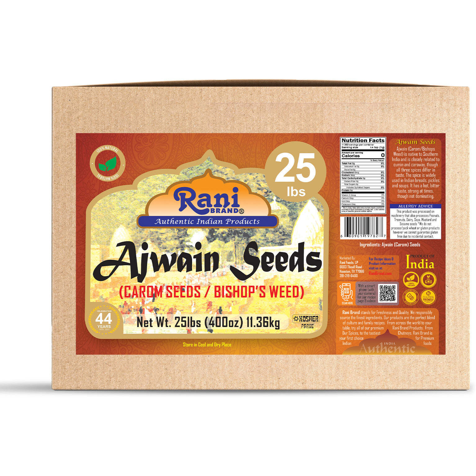 Rani Ajwain Seeds (Carom Bishops Weed) Spice Whole 400oz (25lbs) 11.36kg Bulk Box ~ All Natural, Vegan, Gluten Friendly, NON-GMO, Kosher, Indian Origin