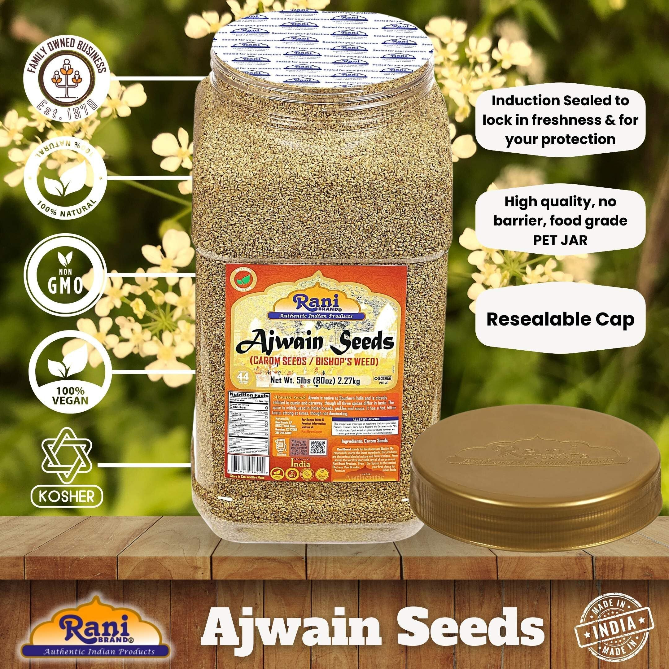 Rani Ajwain Seeds (Carom Bishops Weed) Spice Whole 80oz (5lbs) 2.27kg Bulk PET Jar ~ All Natural, Vegan, Gluten Friendly, NON-GMO, Kosher, Indian Origin