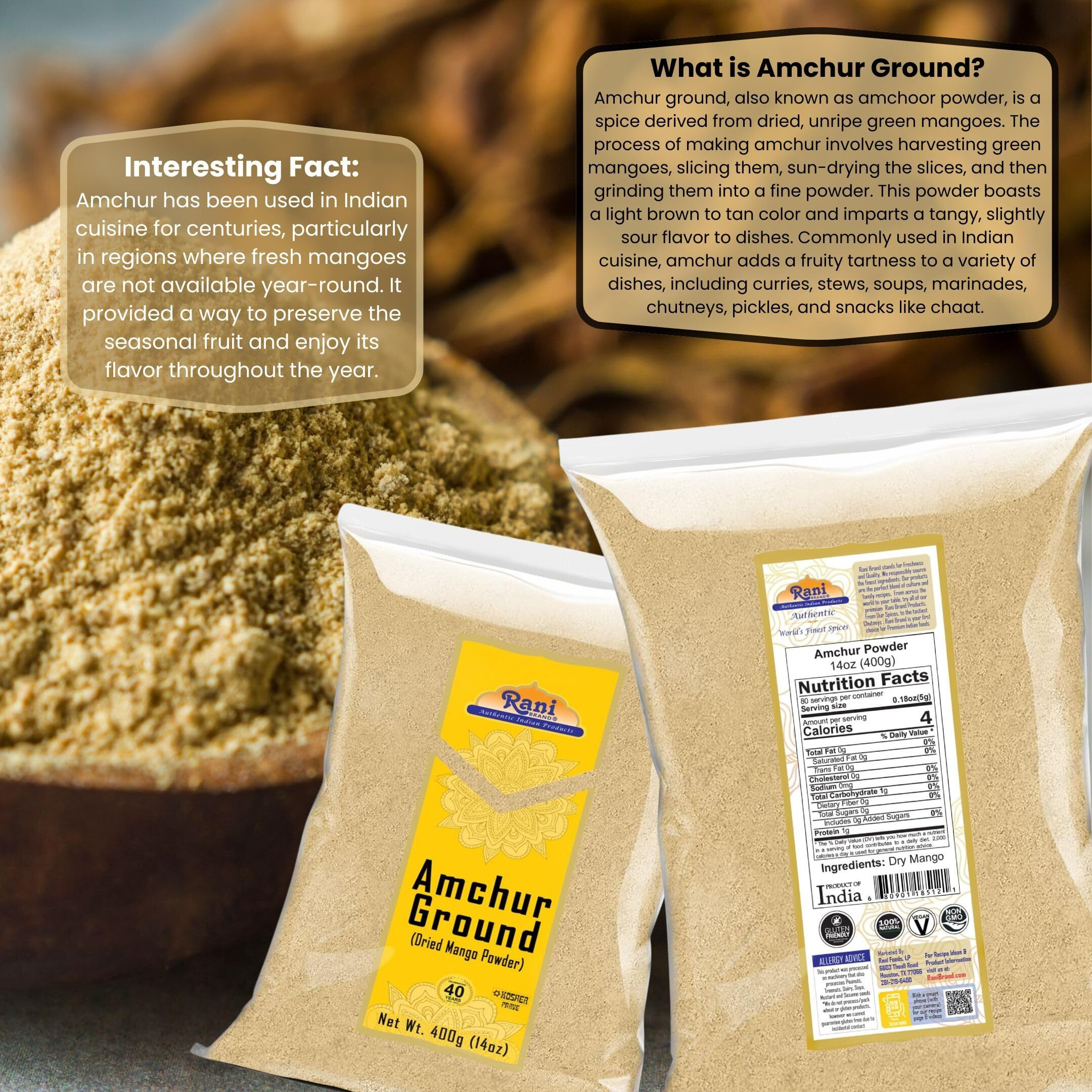 Rani Amchur (Mango) Ground Powder Spice 14oz (400g) ~ All Natural, Indian Origin, No Color, Gluten Friendly, Vegan, NON-GMO, Kosher, No Salt or fillers