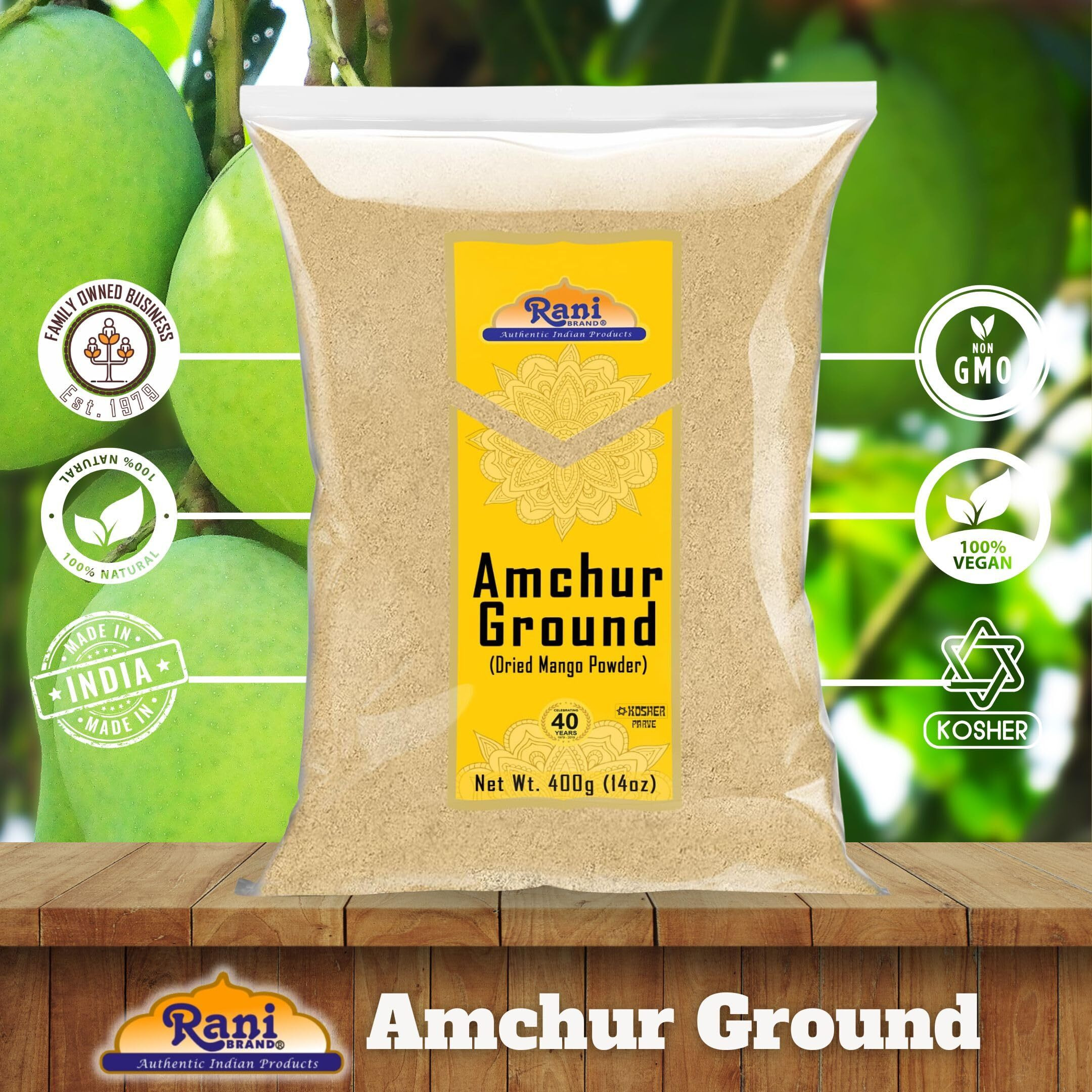 Rani Amchur (Mango) Ground Powder Spice 14oz (400g) ~ All Natural, Indian Origin, No Color, Gluten Friendly, Vegan, NON-GMO, Kosher, No Salt or fillers